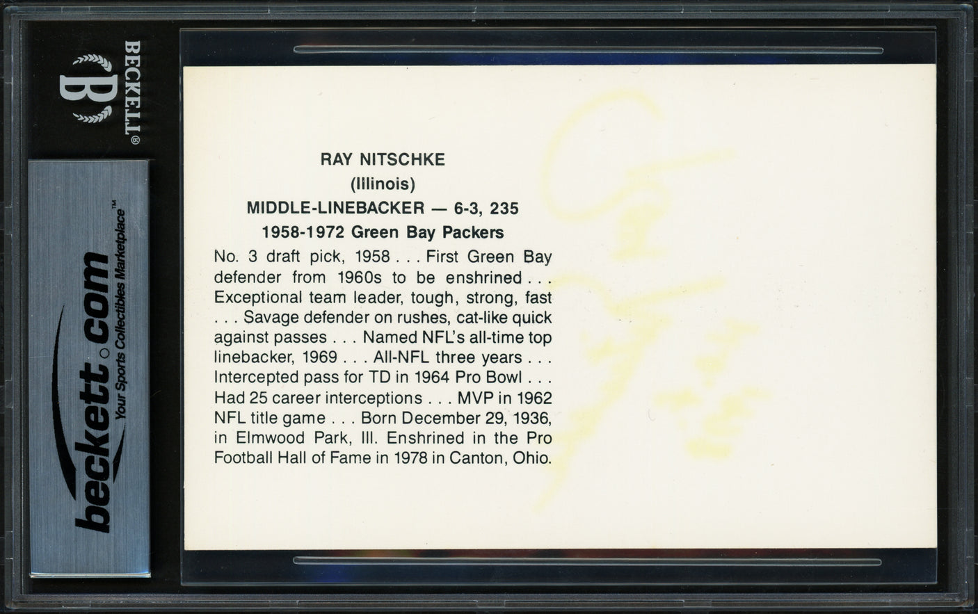 Ray Nitschke Autographed Postcard Green Bay Packers "HOF 1978" Beckett BAS #17402000