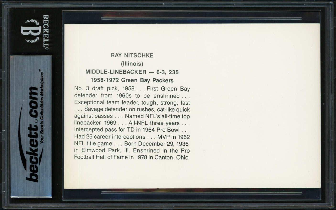 Ray Nitschke Autographed Postcard Green Bay Packers "HOF 1978" Beckett BAS #17401999