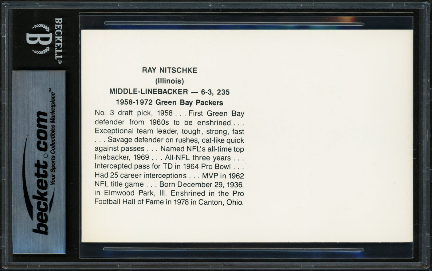 Ray Nitschke Autographed Postcard Green Bay Packers "HOF 1978" Beckett BAS #17402001