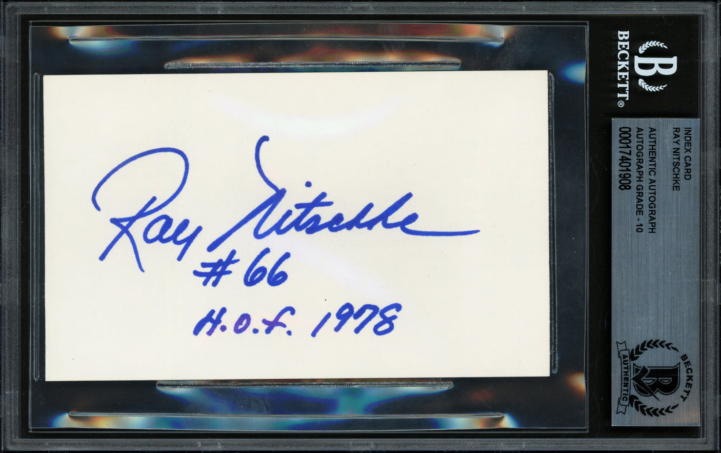 Ray Nitschke Autographed 3x5 Index Card Green Bay Packers Auto Grade Gem Mint 10 "#66 HOF 1978" Beckett BAS #17401908