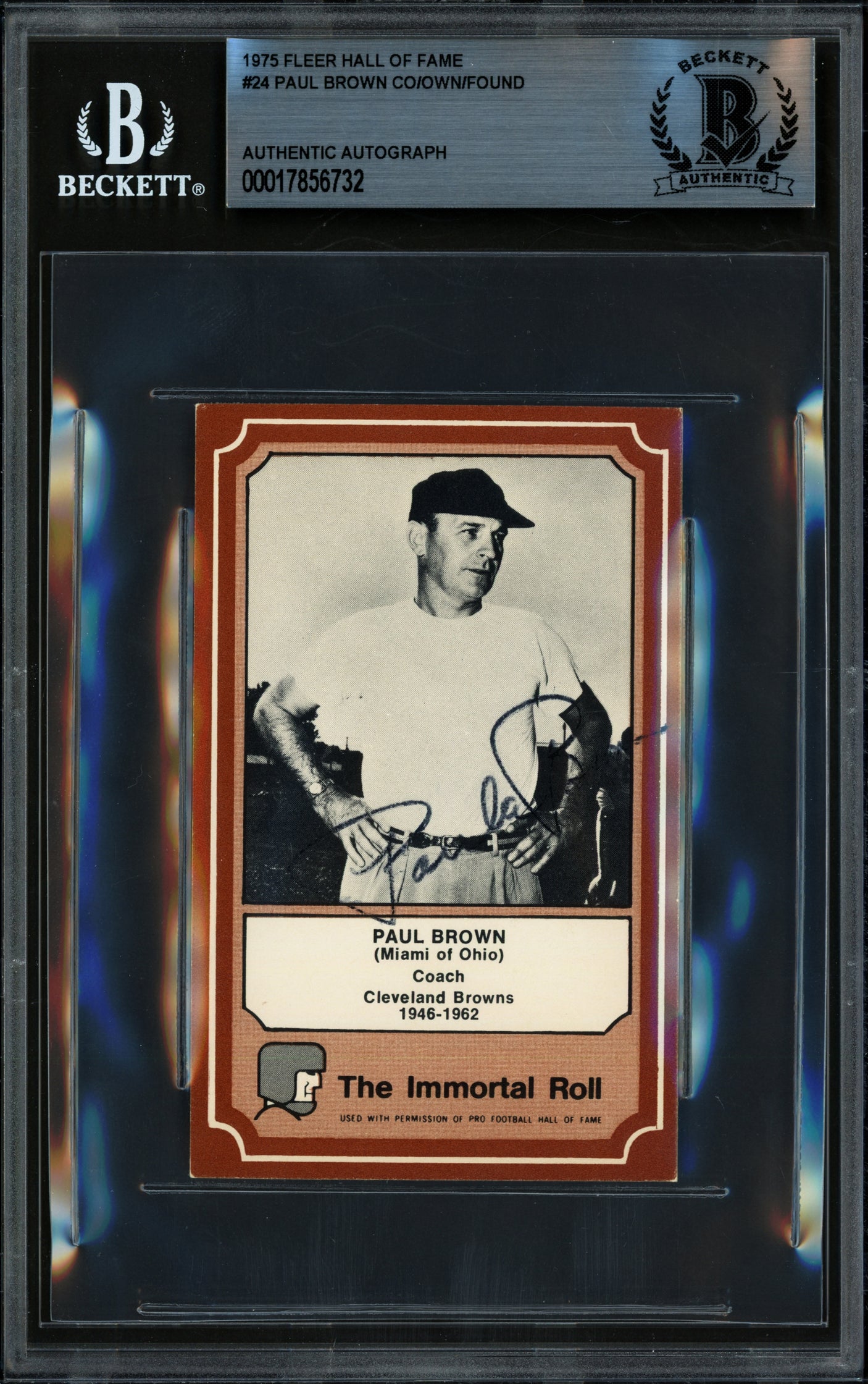 Paul Brown Autographed 1975 Fleer Card #24 Cleveland Browns Beckett BAS #17856732