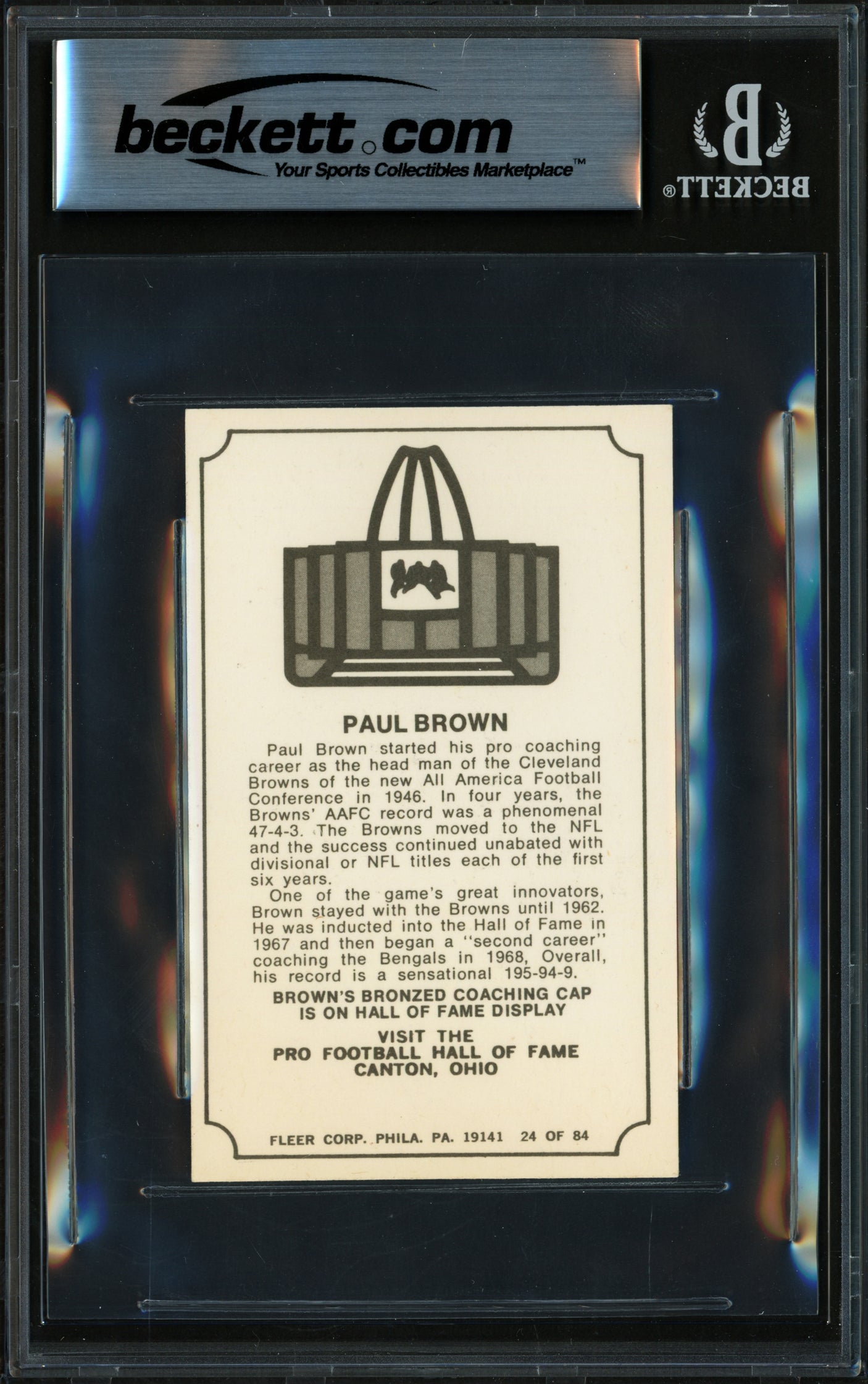 Paul Brown Autographed 1975 Fleer Card #24 Cleveland Browns Beckett BAS #17856732