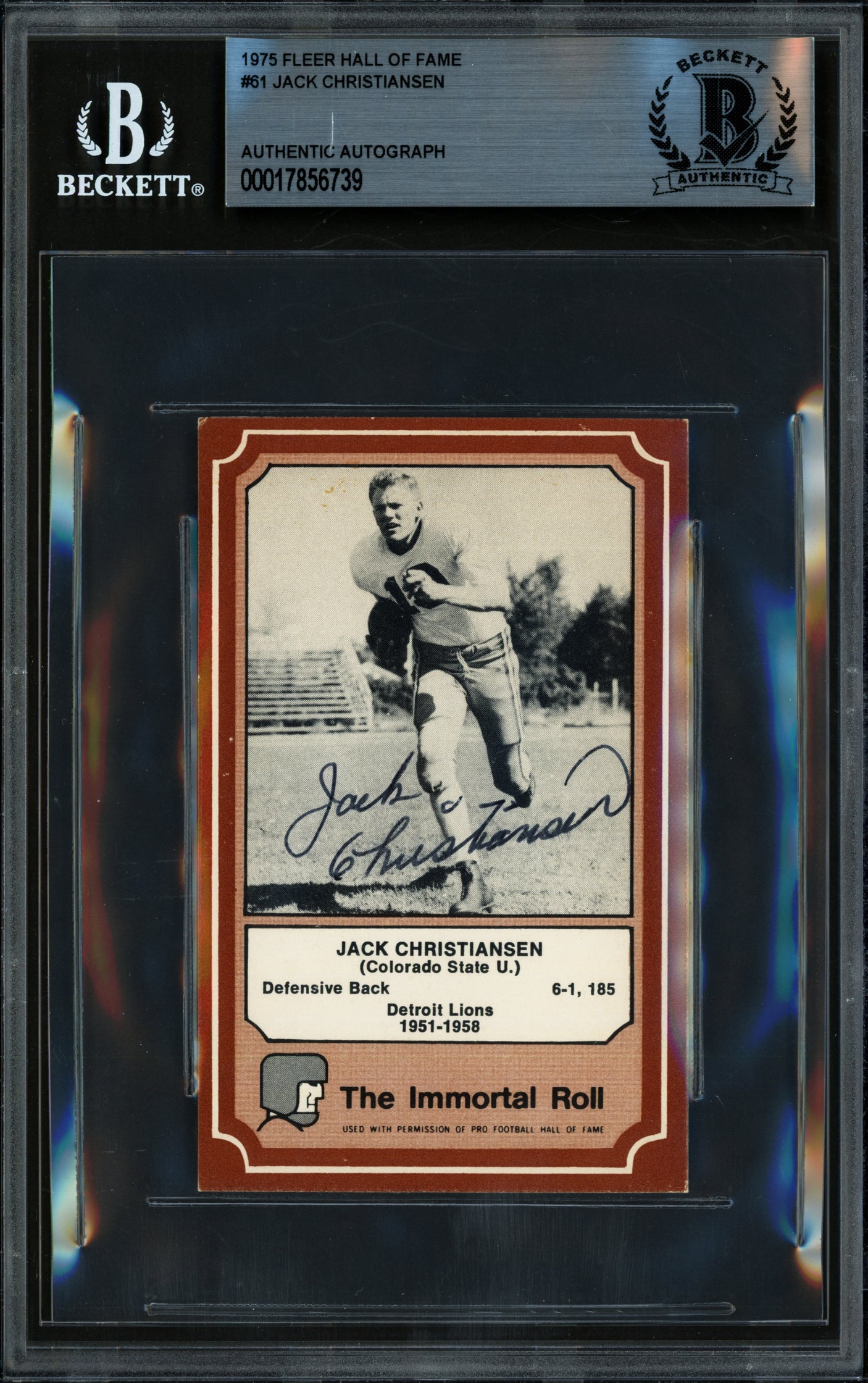 Jack Christiansen Autographed 1975 Fleer Card #61 Detroit Lions Beckett BAS #17856739