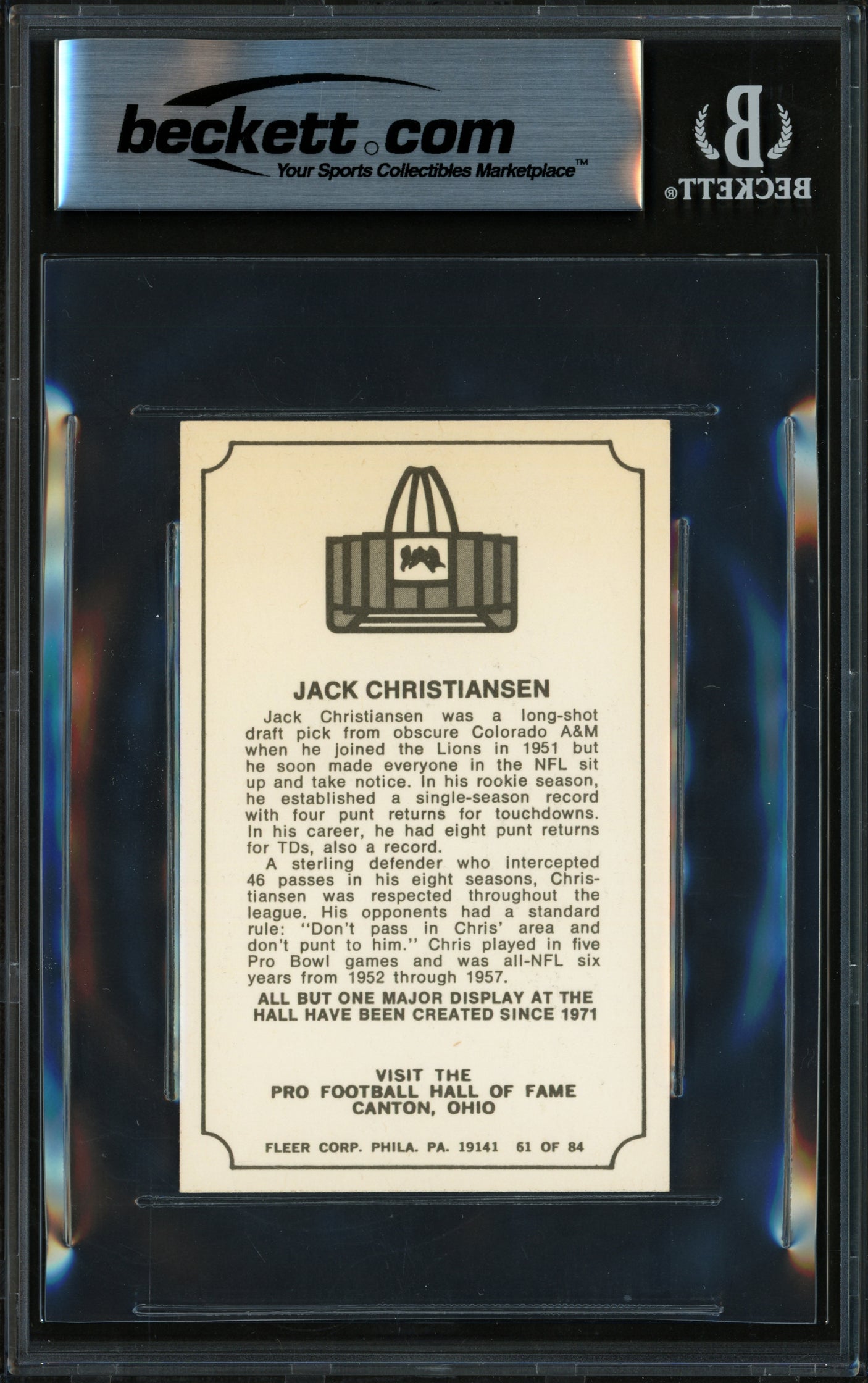 Jack Christiansen Autographed 1975 Fleer Card #61 Detroit Lions Beckett BAS #17856739