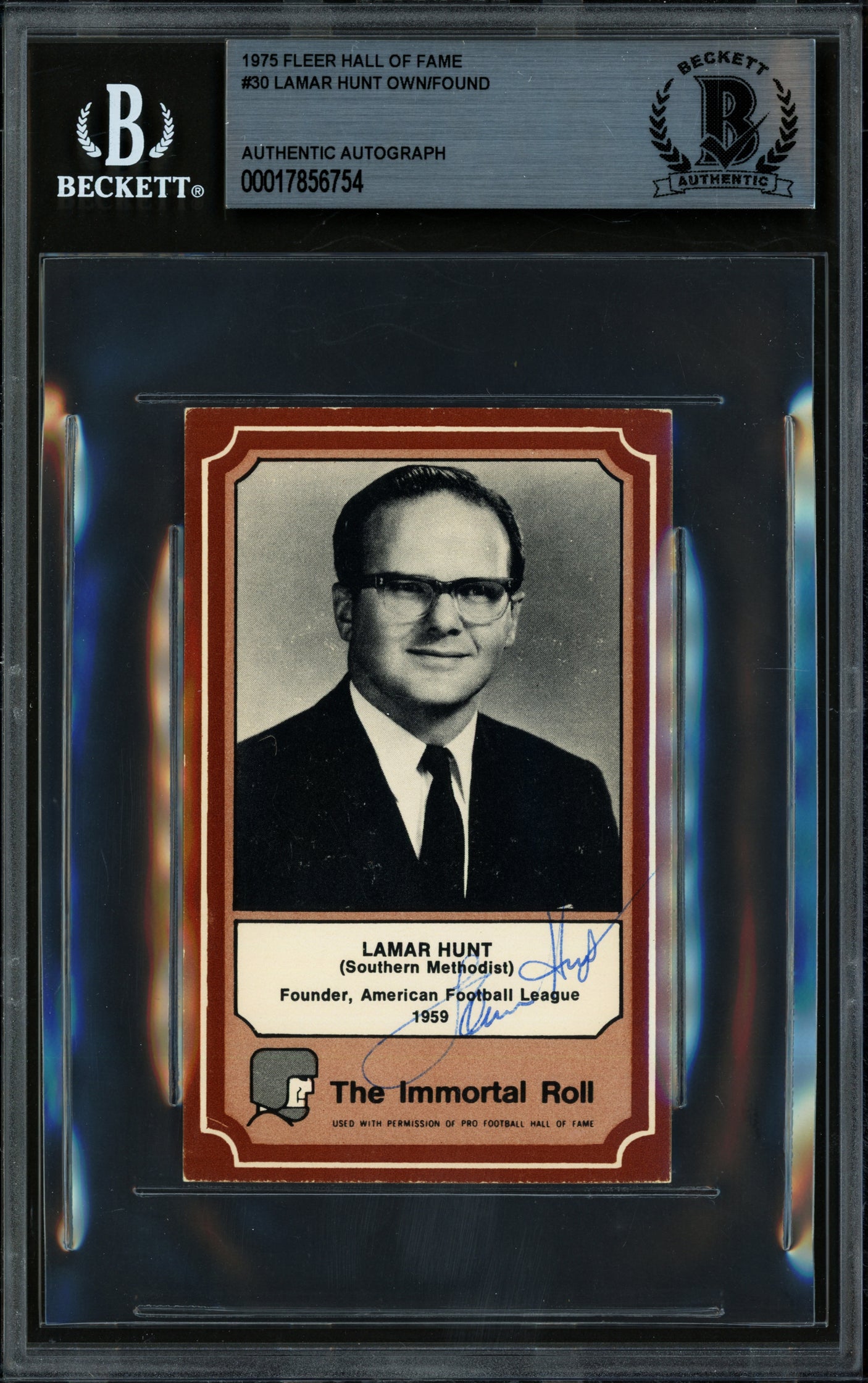 Lamar Hunt Autographed 1975 Fleer Card #30 Kansas City Chiefs Beckett BAS #17856754