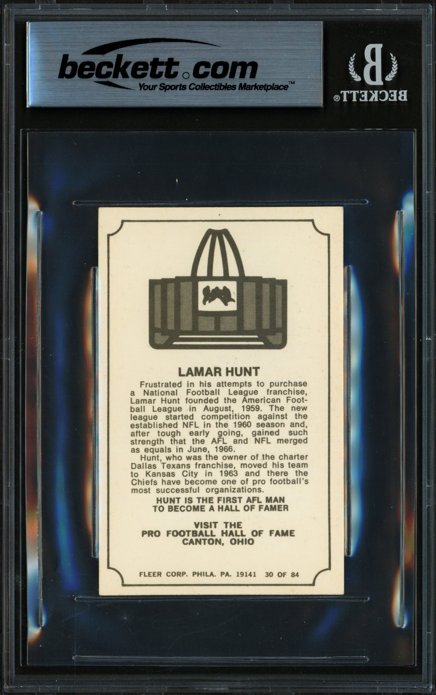 Lamar Hunt Autographed 1975 Fleer Card #30 Kansas City Chiefs Beckett BAS #17856754