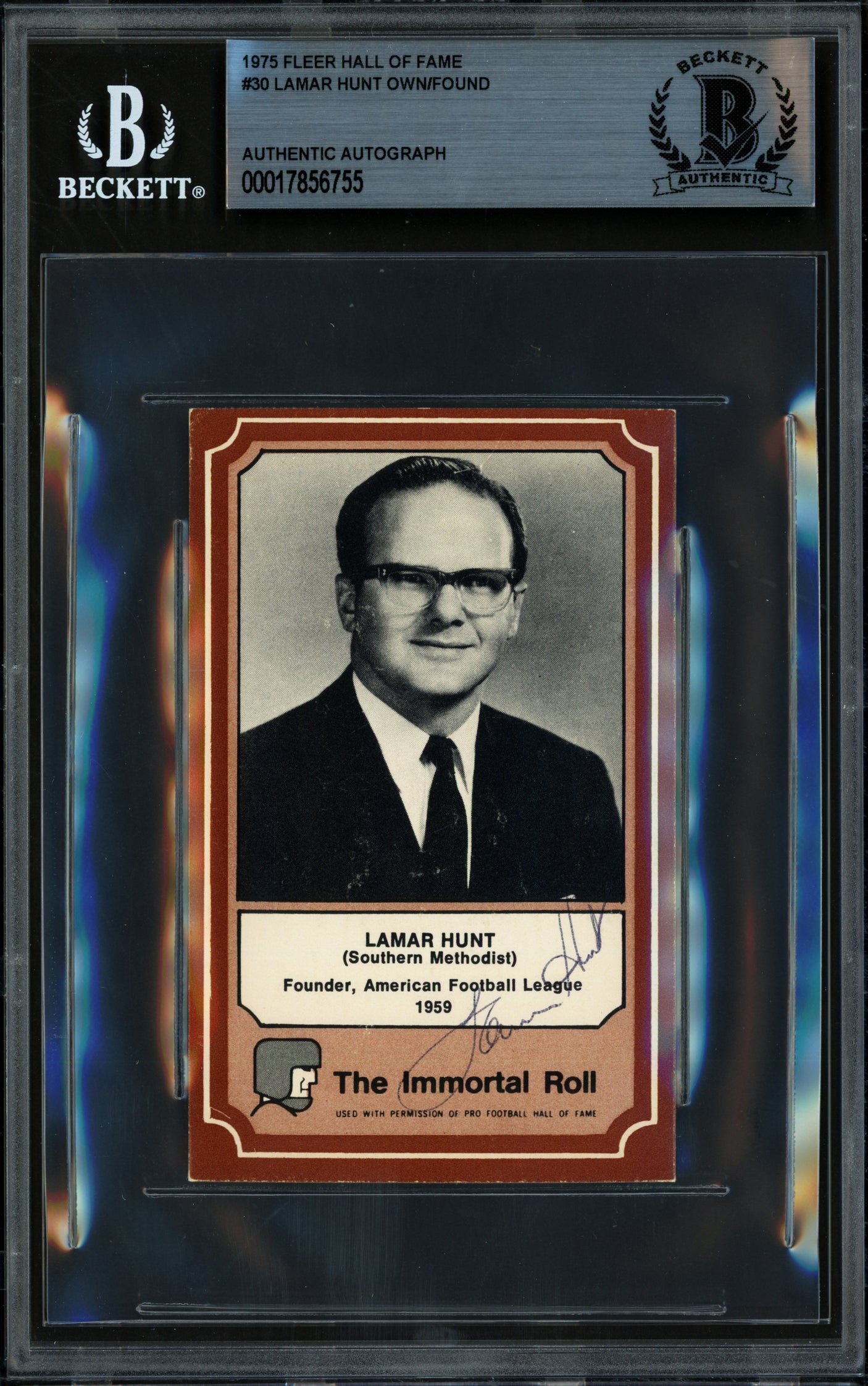 Lamar Hunt Autographed 1975 Fleer Card #30 Kansas City Chiefs Beckett BAS #17856755