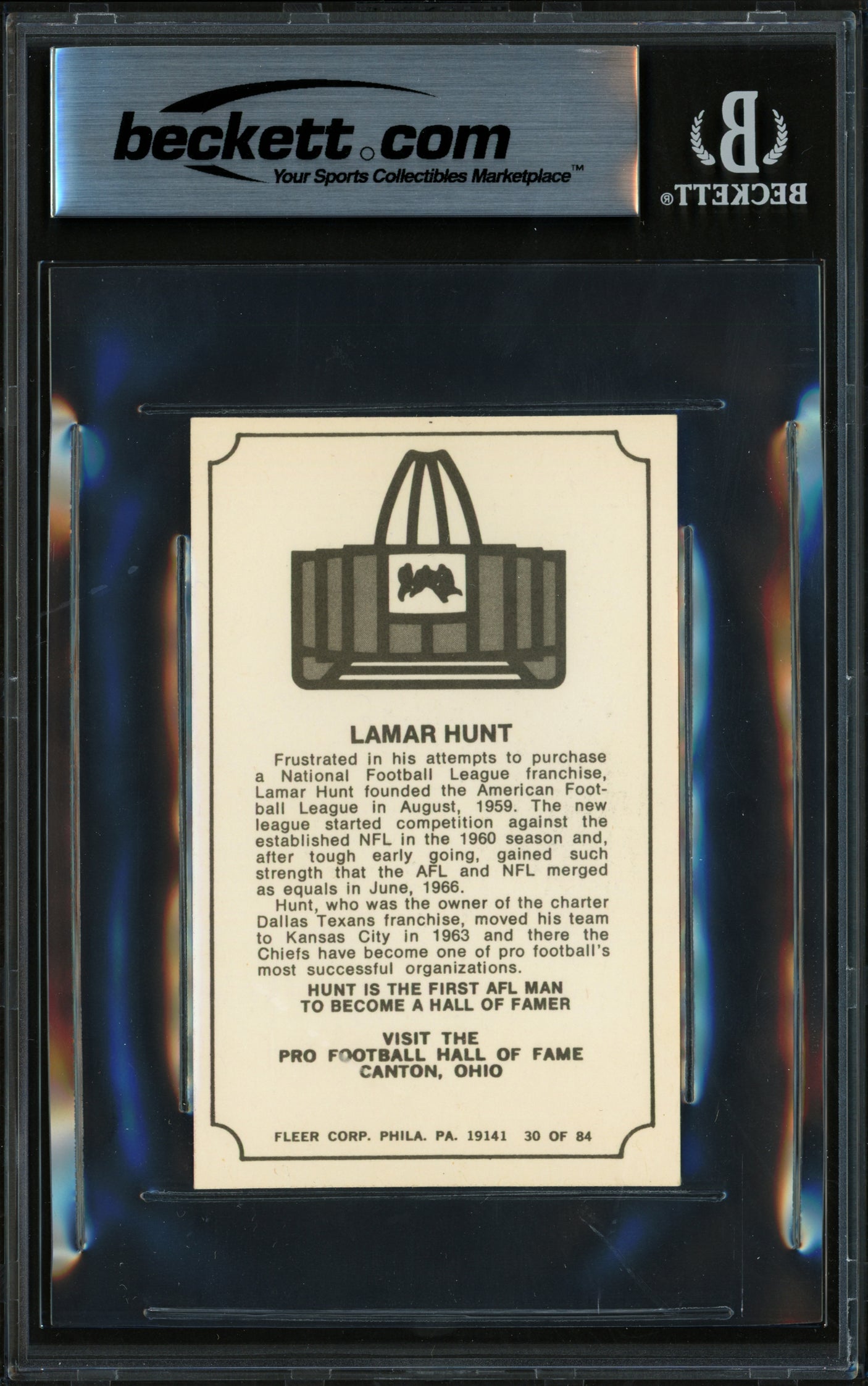 Lamar Hunt Autographed 1975 Fleer Card #30 Kansas City Chiefs Beckett BAS #17856755