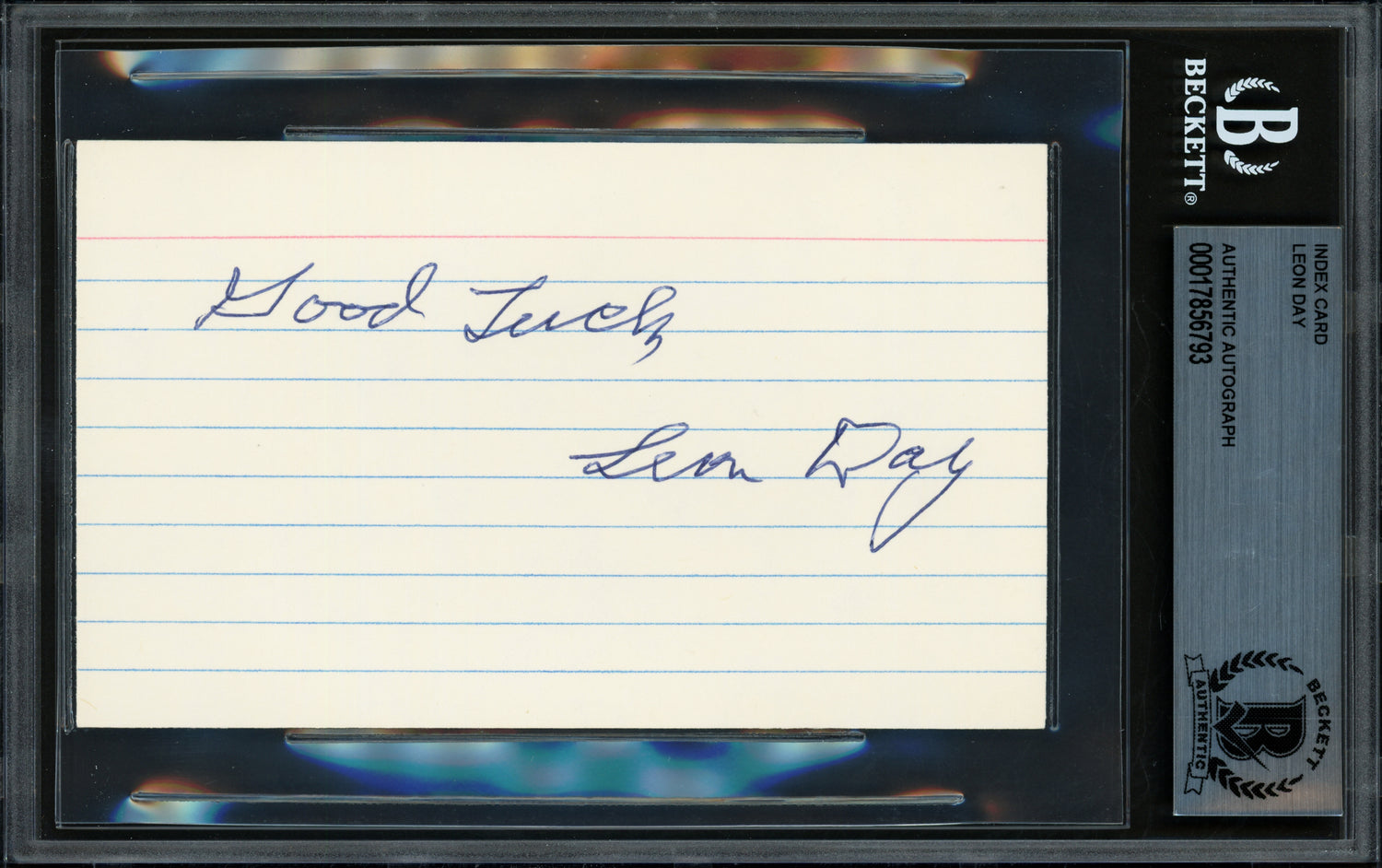 Leon Day Autographed 3x5 Index Card Negro Leagues "Good Luck" Beckett BAS #17856793