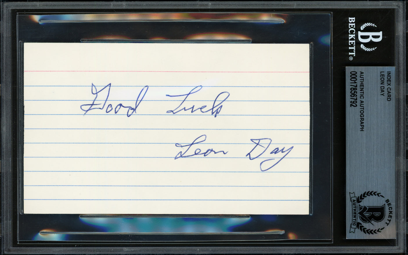 Leon Day Autographed 3x5 Index Card Negro Leagues "Good Luck" Beckett BAS #17856792