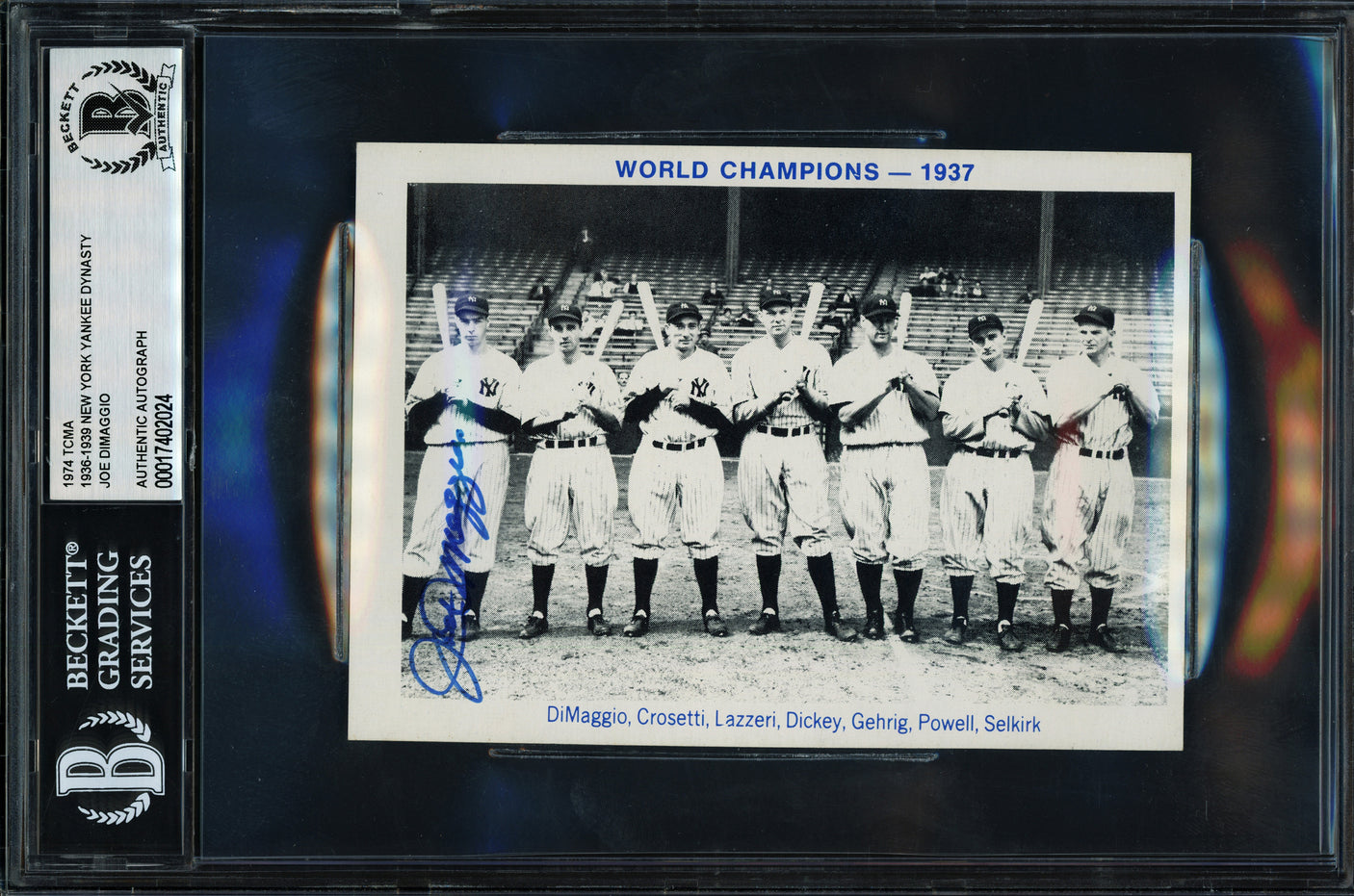 Joe DiMaggio Autographed 1974 36-'39 Yankee Dynasty TCMA Card New York Yankees Beckett BAS #17402024