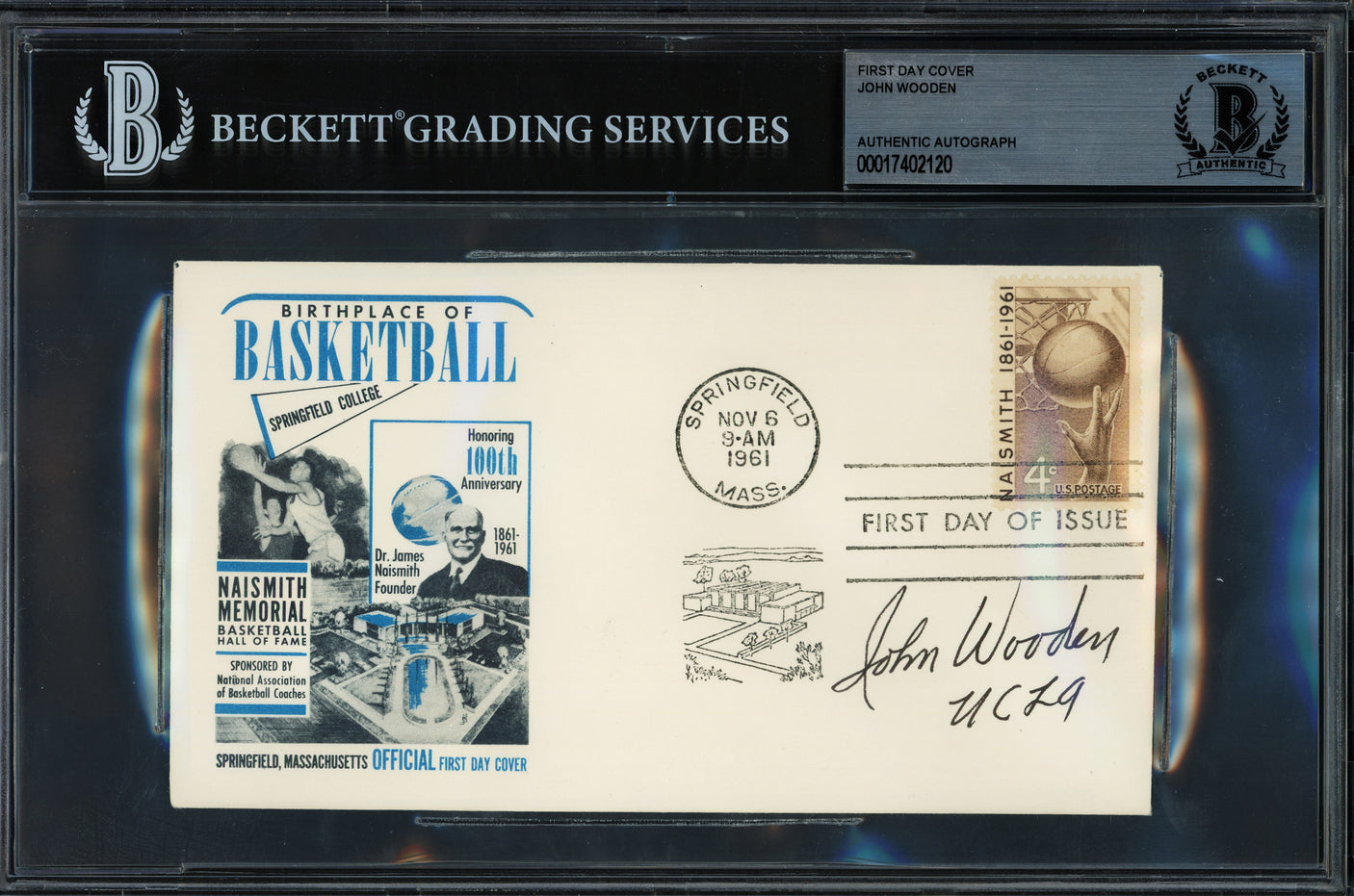 John Wooden Autographed 1961 First Day Cover UCLA Beckett BAS #17402120