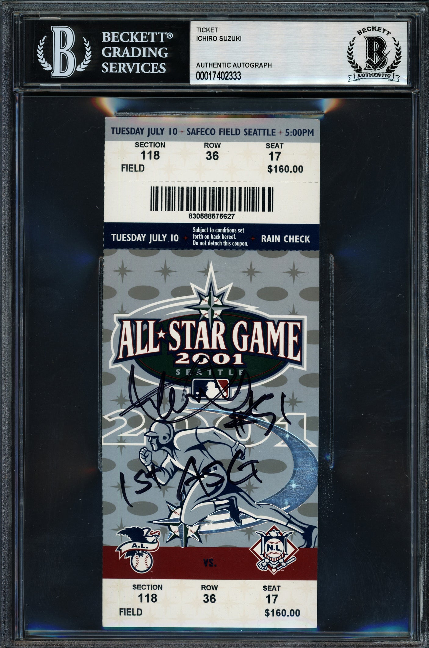Ichiro Suzuki Autographed 2001 All Star Game Ticket Seattle Mariners "1st ASG" Beckett BAS #17402333