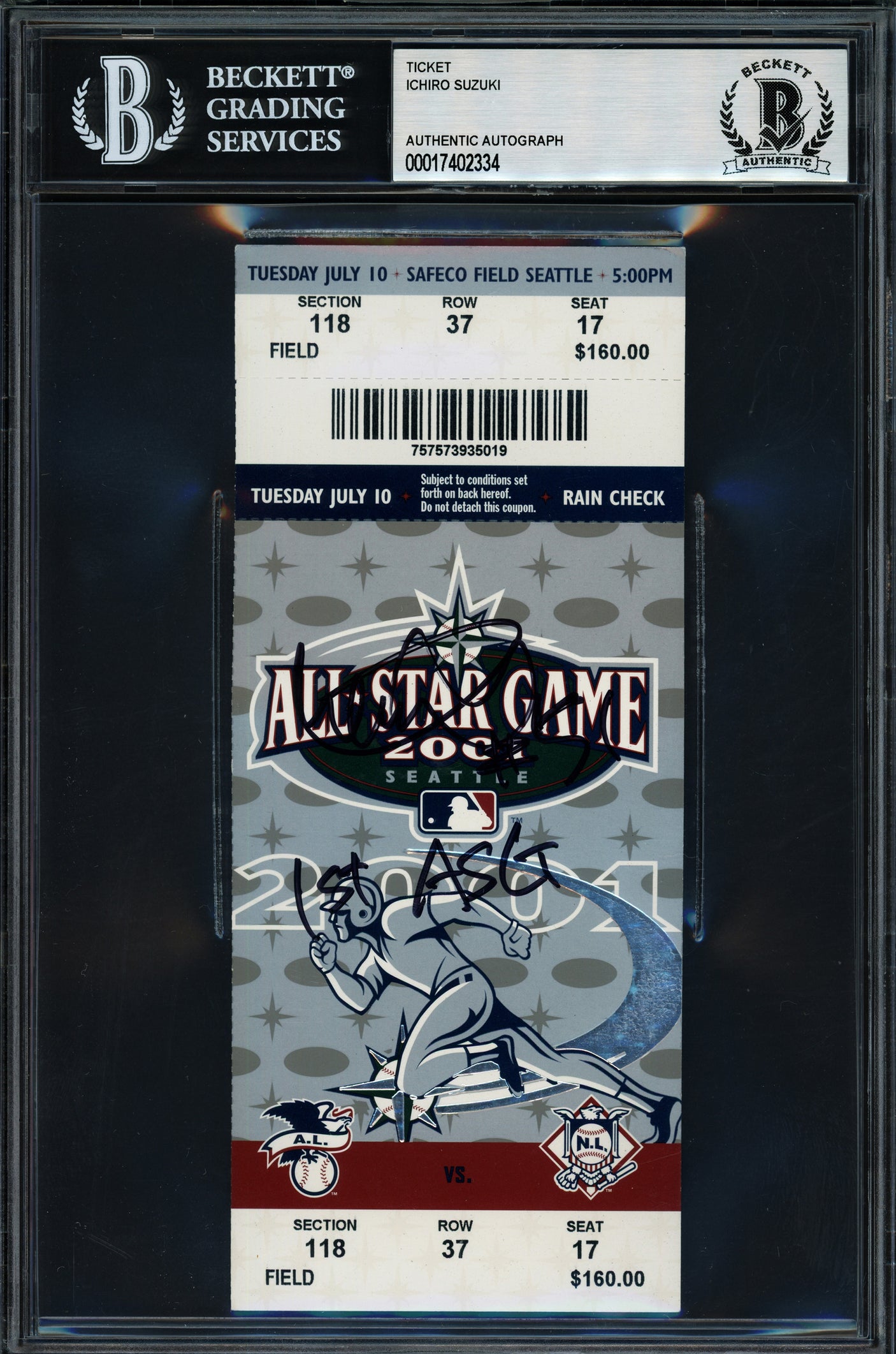Ichiro Suzuki Autographed 2001 All Star Game Ticket Seattle Mariners "1st ASG" Beckett BAS #17402334