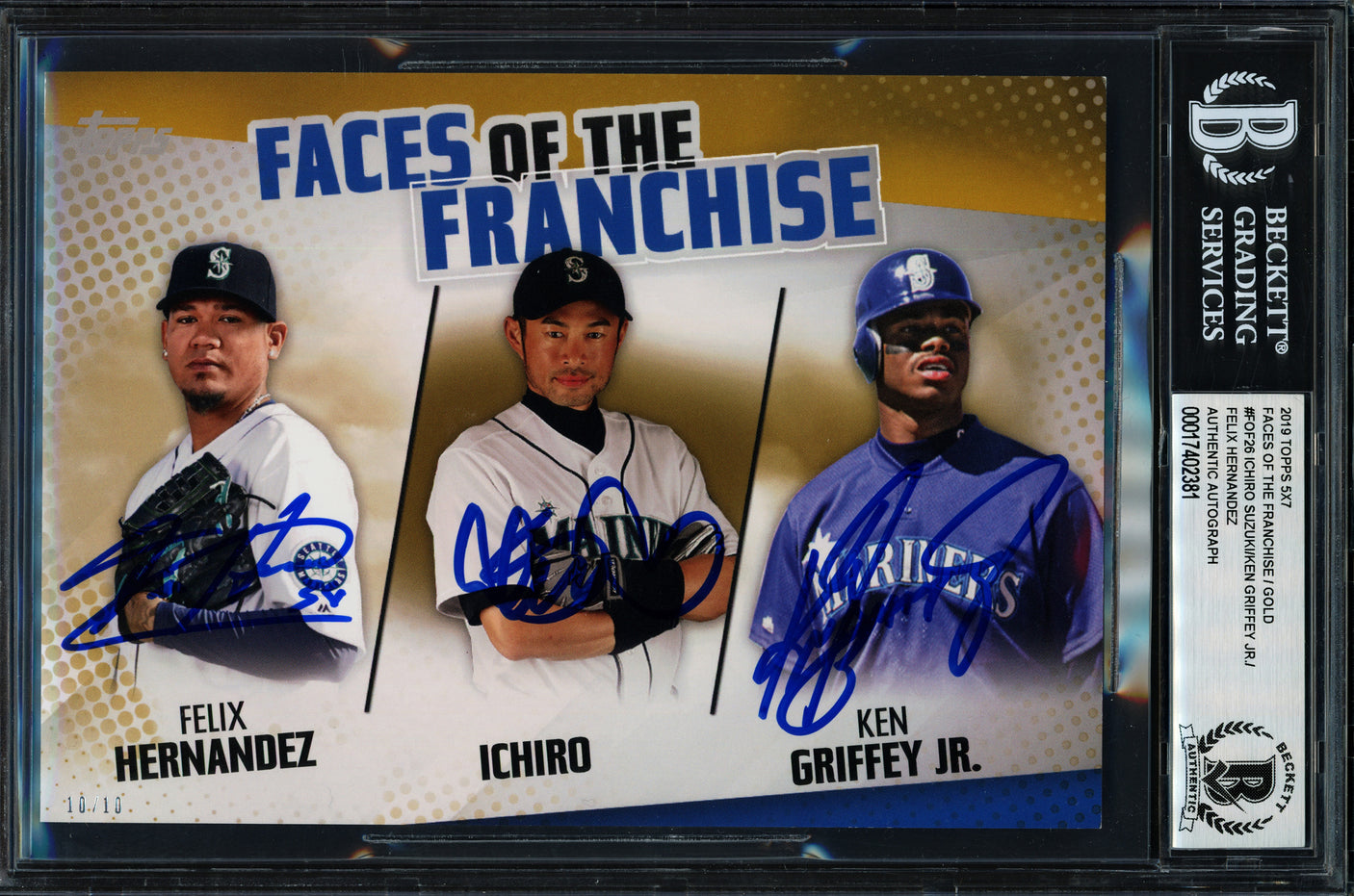 Ken Griffey Jr., Ichiro Suzuki & Felix Hernandez Autographed 2019 Topps Faces of the Franchise Gold 5x7 Card #FOF-26 Seattle Mariners #10/10 Beckett BAS #17402381