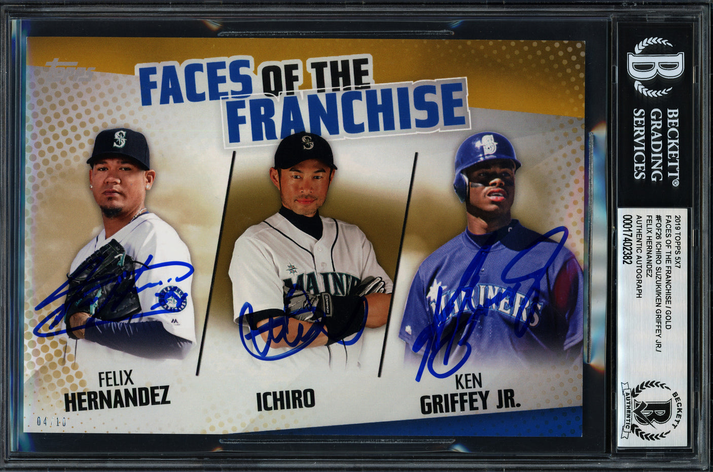 Ken Griffey Jr., Ichiro Suzuki & Felix Hernandez Autographed 2019 Topps Faces of the Franchise Gold 5x7 Card #FOF-26 Seattle Mariners #4/10 Beckett BAS #17402382