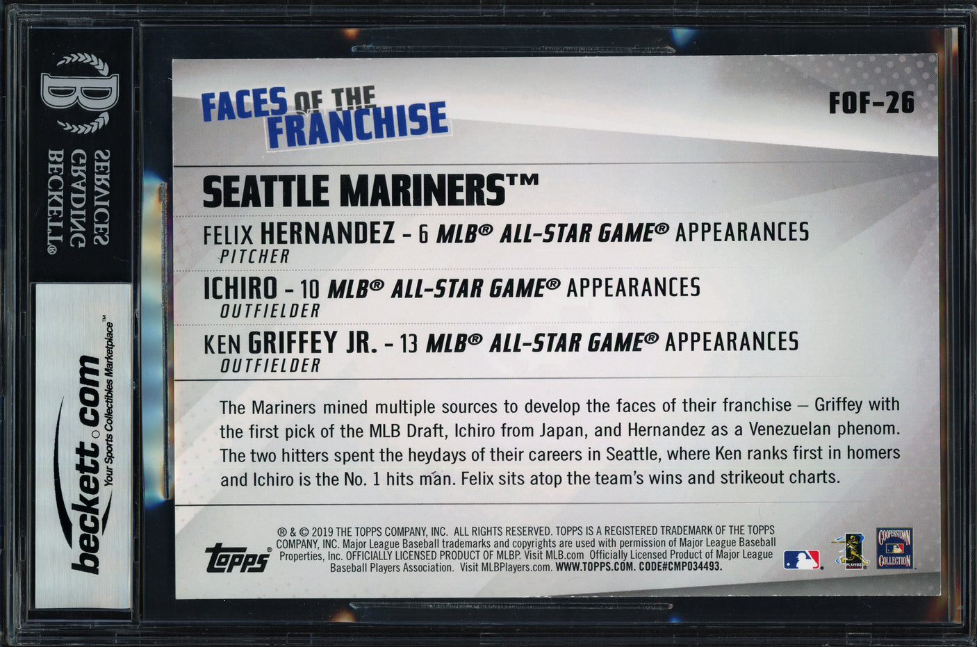 Ken Griffey Jr., Ichiro Suzuki & Felix Hernandez Autographed 2019 Topps Faces of the Franchise Gold 5x7 Card #FOF-26 Seattle Mariners #4/10 Beckett BAS #17402382