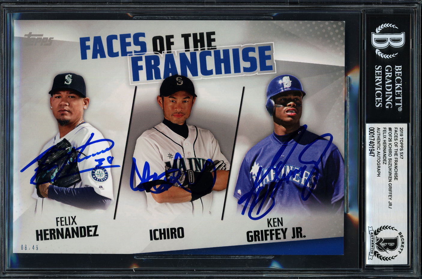 Ken Griffey Jr., Ichiro Suzuki & Felix Hernandez Autographed 2019 Topps Faces of the Franchise 5x7 Card #FOF-26 Seattle Mariners #8/49 Beckett BAS #17401947