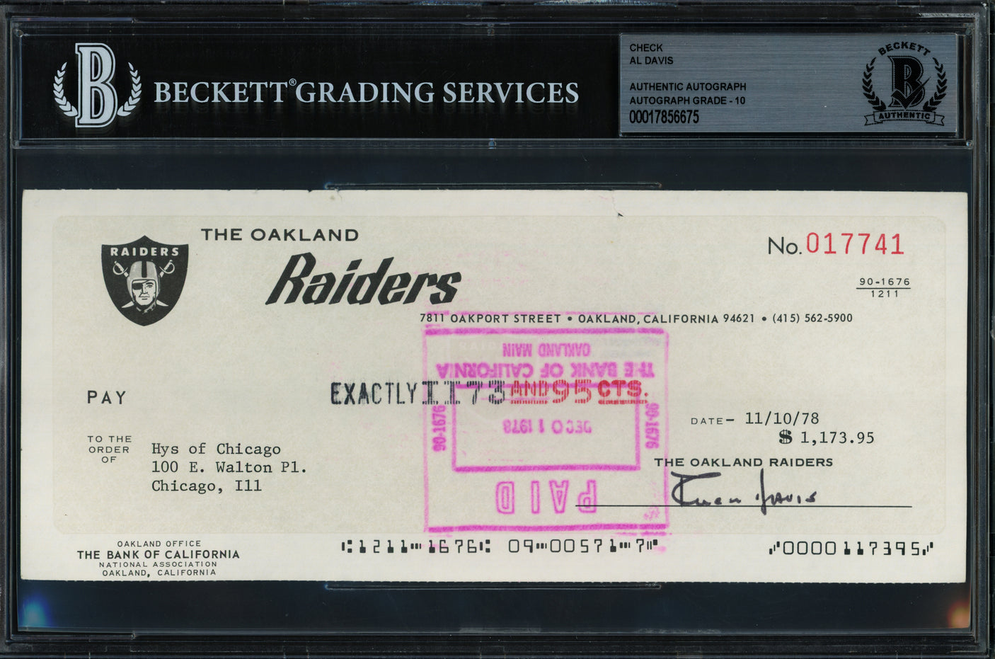 Al Davis Autographed Check Oakland Raiders Auto Grade Gem Mint 10 Beckett BAS #17856675