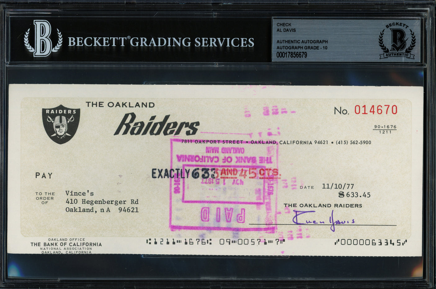 Al Davis Autographed Check Oakland Raiders Auto Grade Gem Mint 10 Beckett BAS #17856679