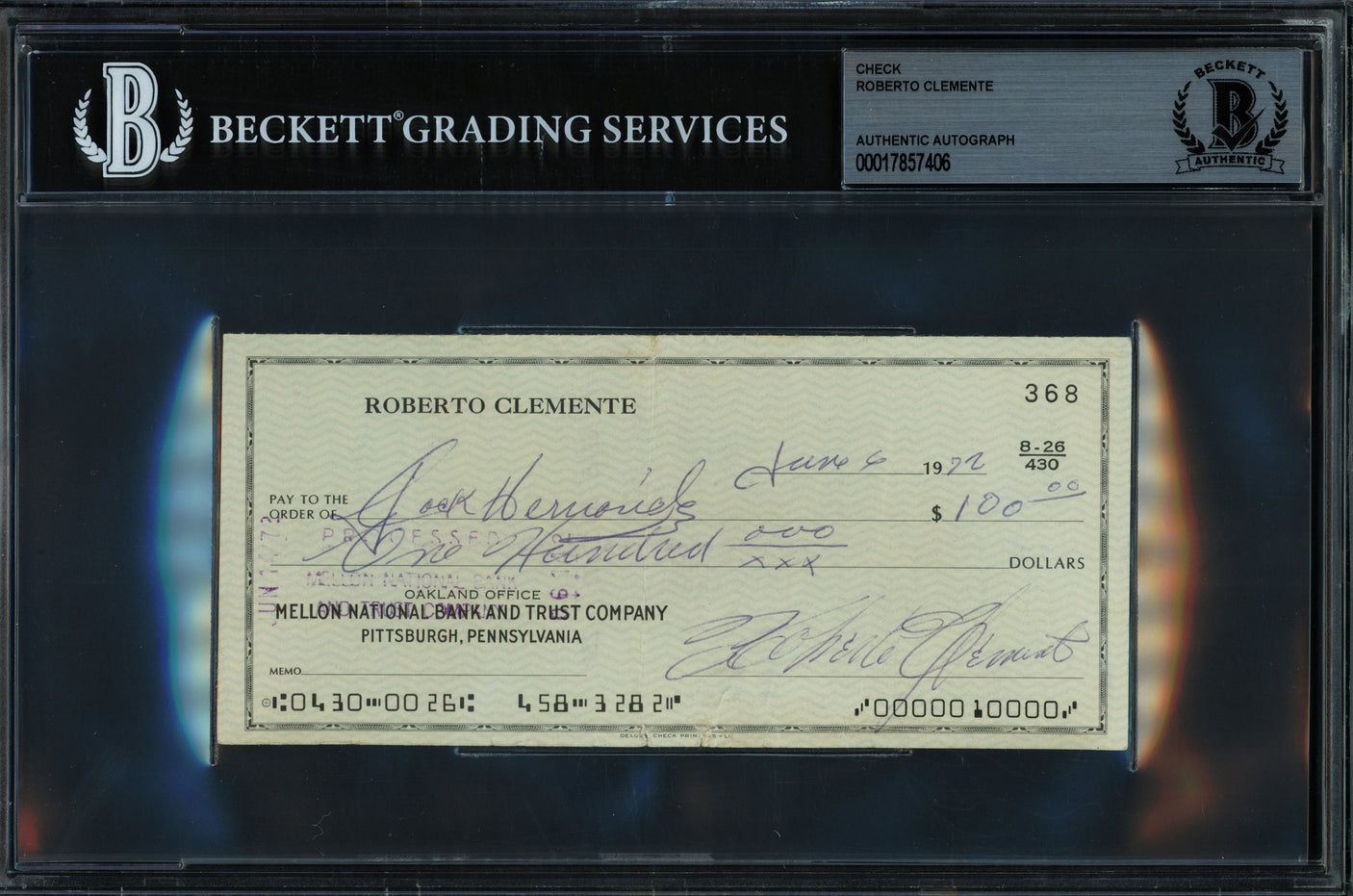 Roberto Clemente Autographed 1972 Check Pittsburgh Pirates Beckett BAS #17857406