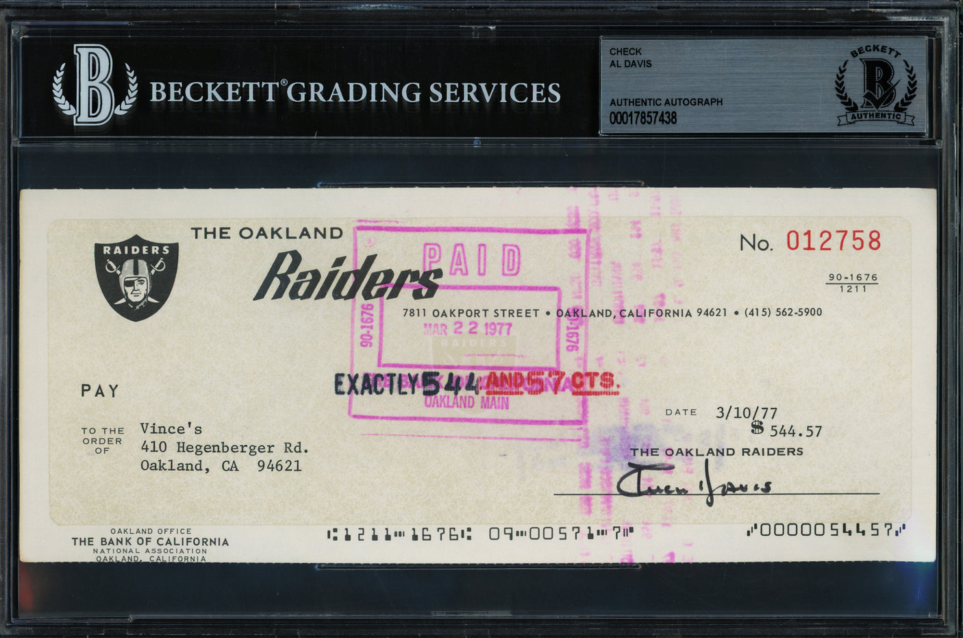 Al Davis Autographed Check Oakland Raiders Owner Beckett BAS #17857438