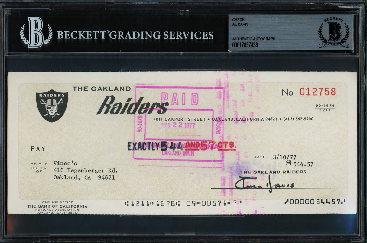 Al Davis Autographed Check Oakland Raiders Owner Beckett BAS #17857438