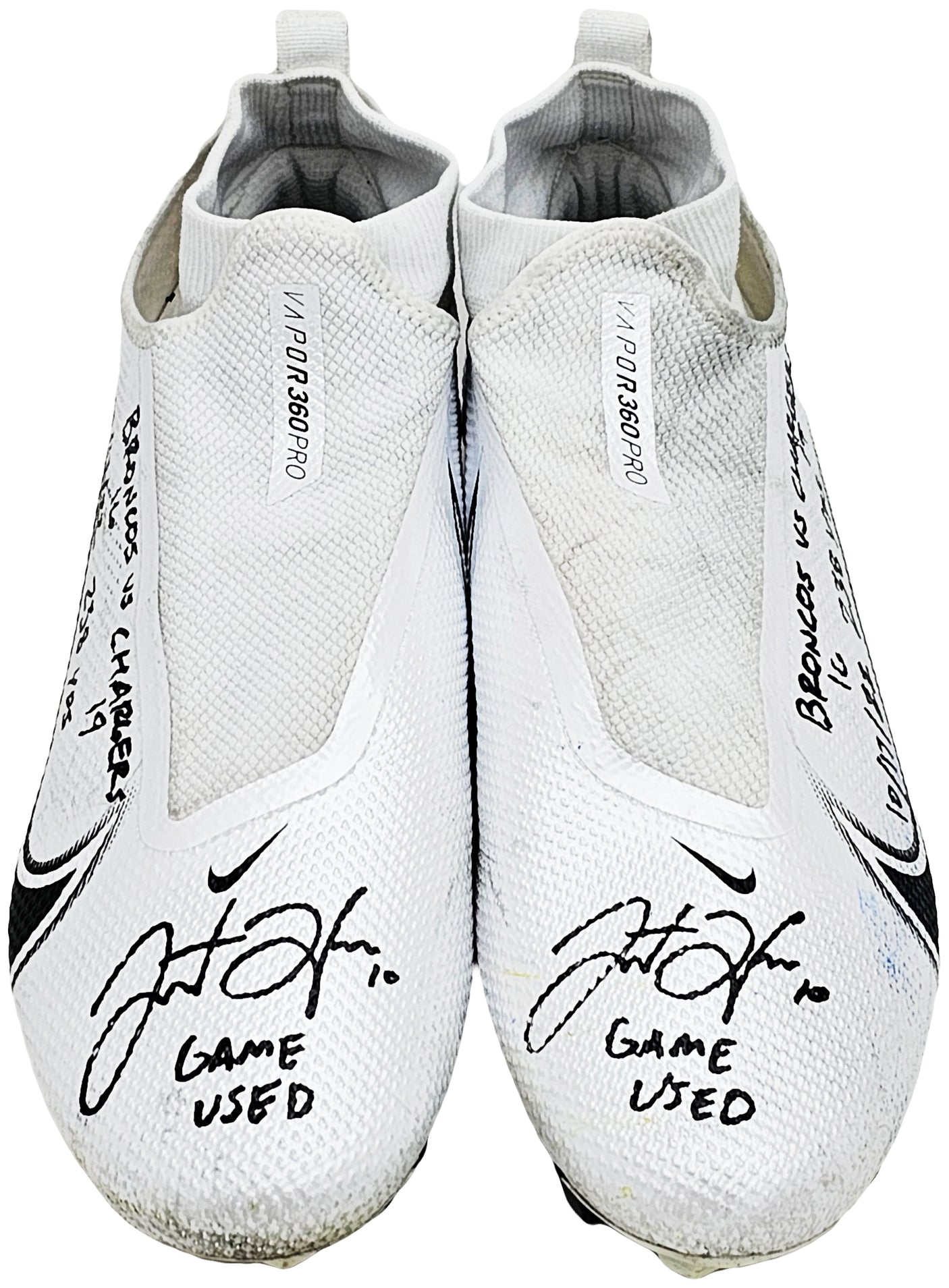 Justin Herbert Autographed Pair Of Game Used White & Black Nike Vapor 360 Pro Cleats Los Angeles Chargers "Game Used, Broncos 16 vs Chargers 19, 10/17/22, 238 Yds" Beckett BAS Witness #W453550 & #W453551