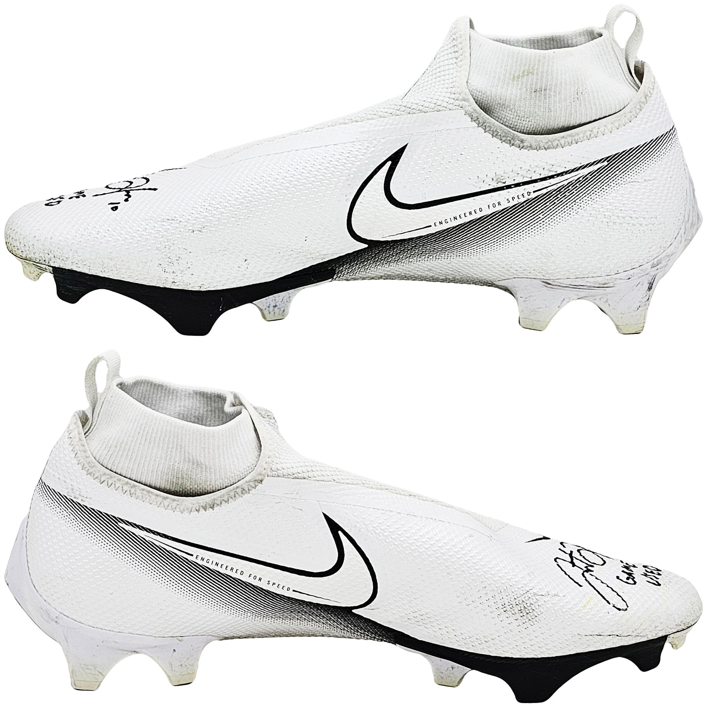Justin Herbert Autographed Pair Of Game Used White & Black Nike Vapor 360 Pro Cleats Los Angeles Chargers "Game Used, Broncos 16 vs Chargers 19, 10/17/22, 238 Yds" Beckett BAS Witness #W453550 & #W453551