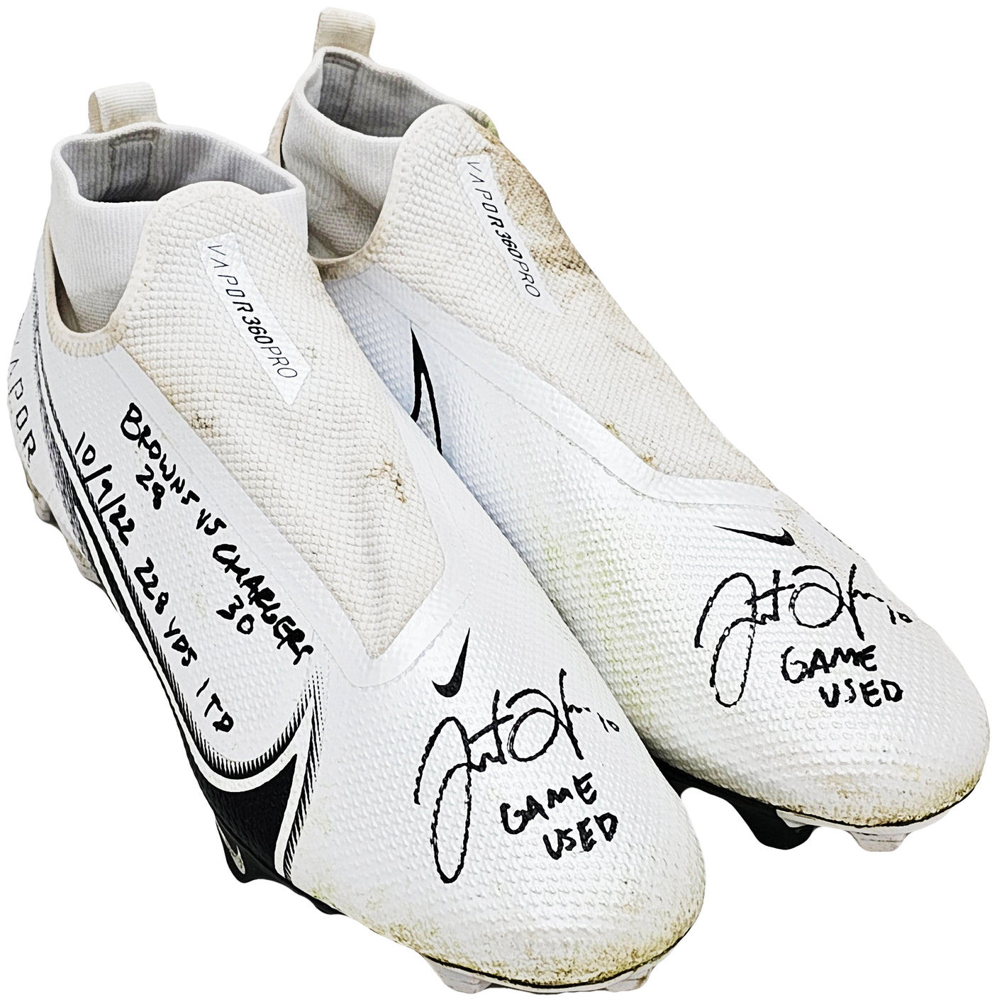 Justin Herbert Autographed Pair Of Game Used White & Black Nike Vapor 360 Pro Cleats Los Angeles Chargers "Game Used, Browns 28 vs Chargers 30, 10/9/22, 228 Yds, & 1 TD" Beckett BAS Witness #W453556 & #W453557