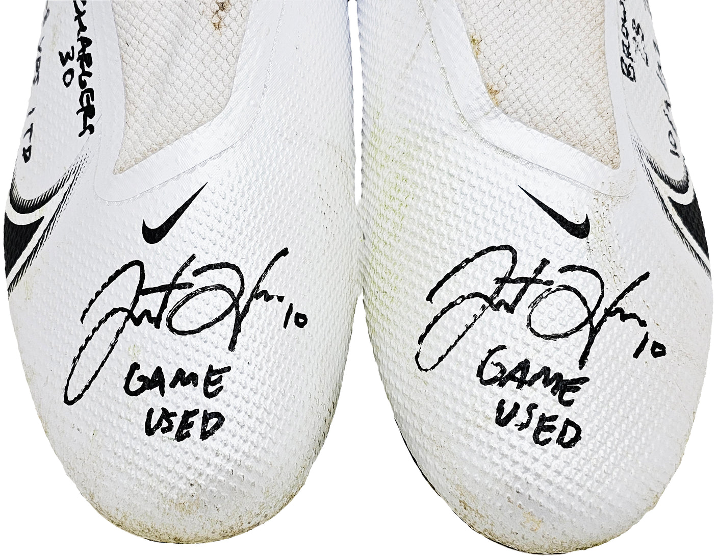 Justin Herbert Autographed Pair Of Game Used White & Black Nike Vapor 360 Pro Cleats Los Angeles Chargers "Game Used, Browns 28 vs Chargers 30, 10/9/22, 228 Yds, & 1 TD" Beckett BAS Witness #W453556 & #W453557