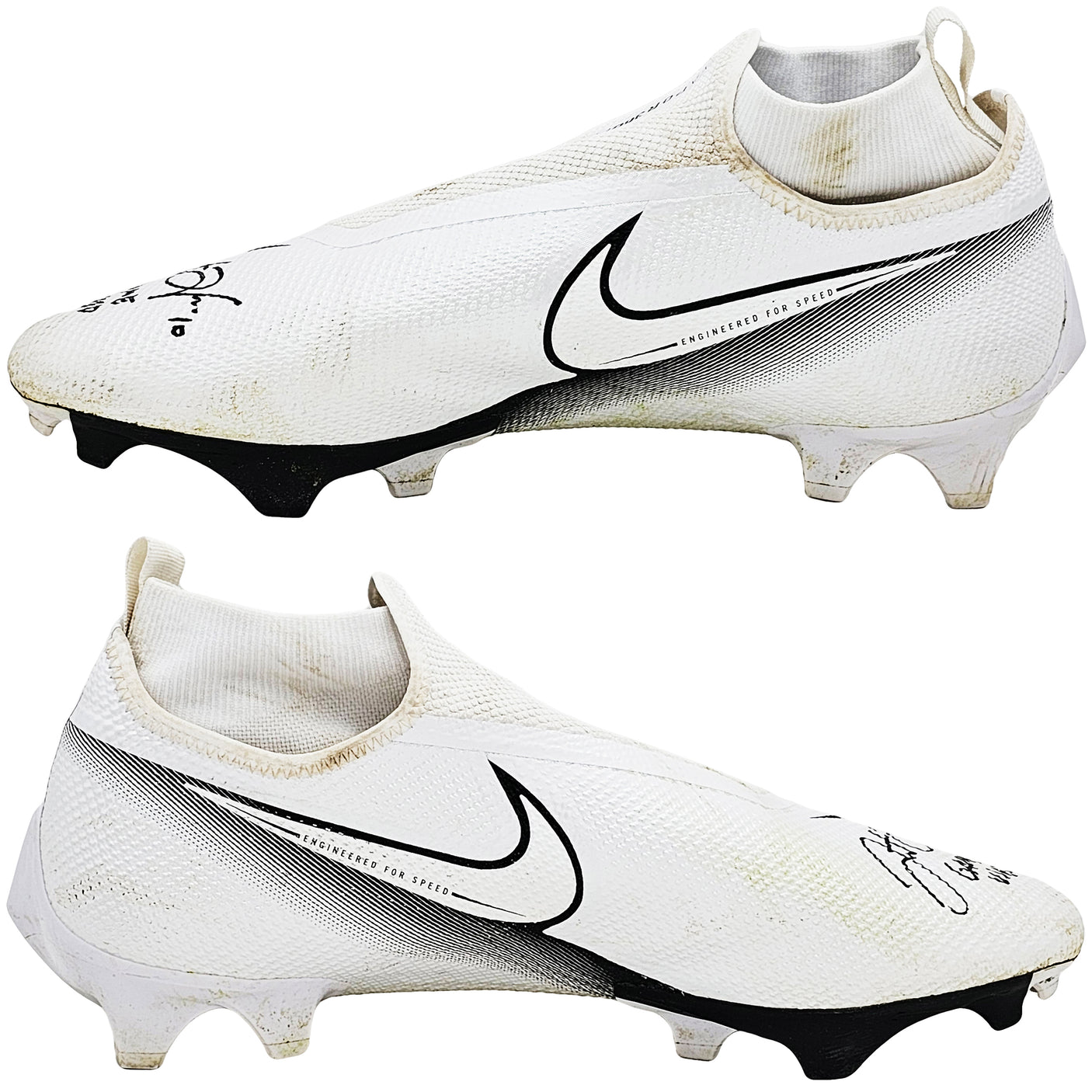 Justin Herbert Autographed Pair Of Game Used White & Black Nike Vapor 360 Pro Cleats Los Angeles Chargers "Game Used, Browns 28 vs Chargers 30, 10/9/22, 228 Yds, & 1 TD" Beckett BAS Witness #W453556 & #W453557