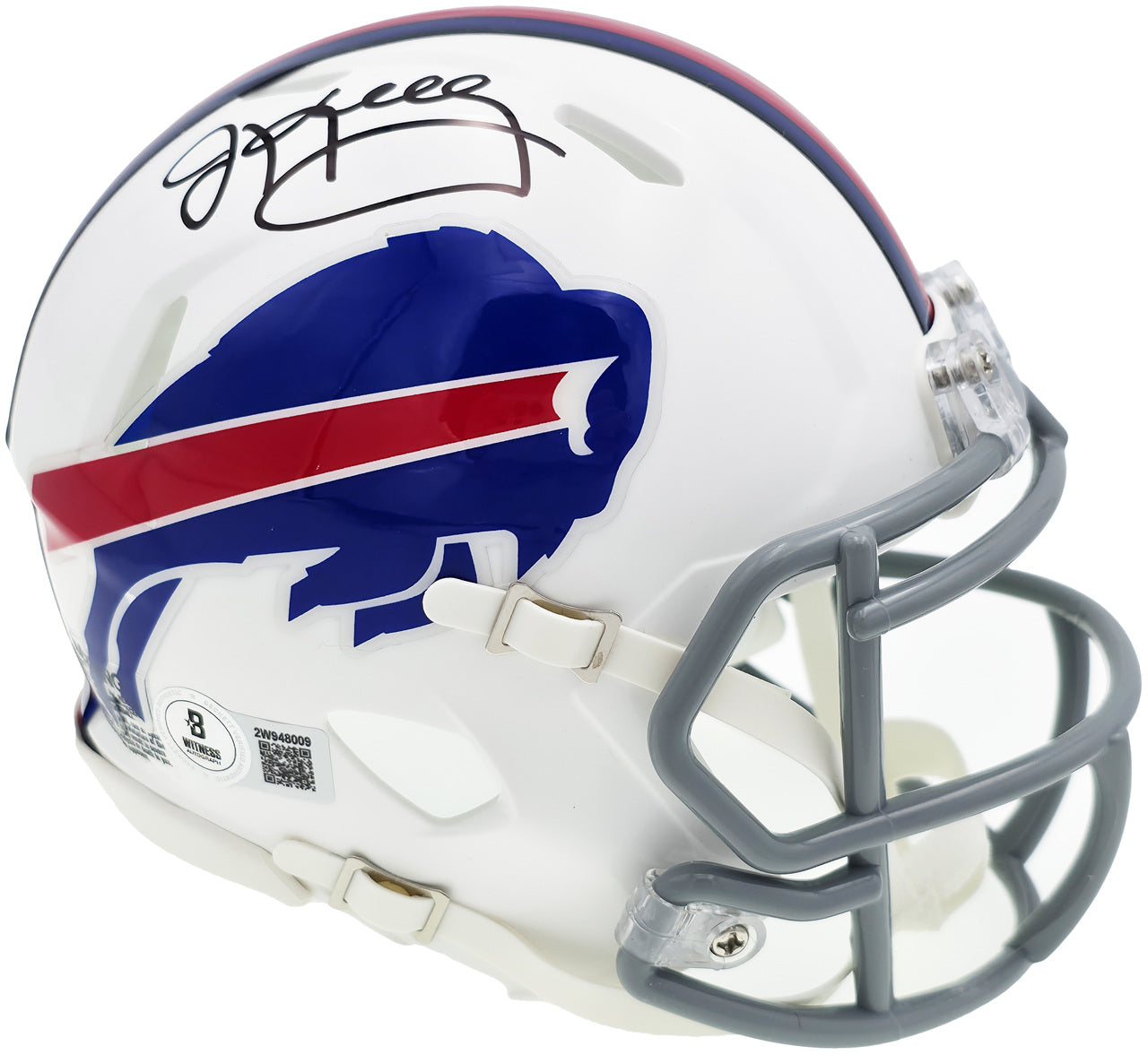 Jim Kelly Autographed Buffalo Bills 2011-20 Throwback White Speed Mini Helmet Beckett BAS Witness Stock #241392