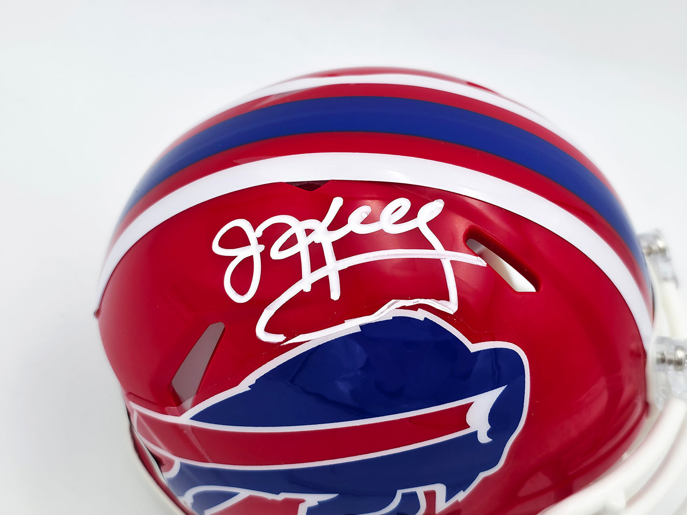 Jim Kelly Autographed Buffalo Bills 1987-01 Throwback Red Speed Mini Helmet Beckett BAS Witness Stock #241391