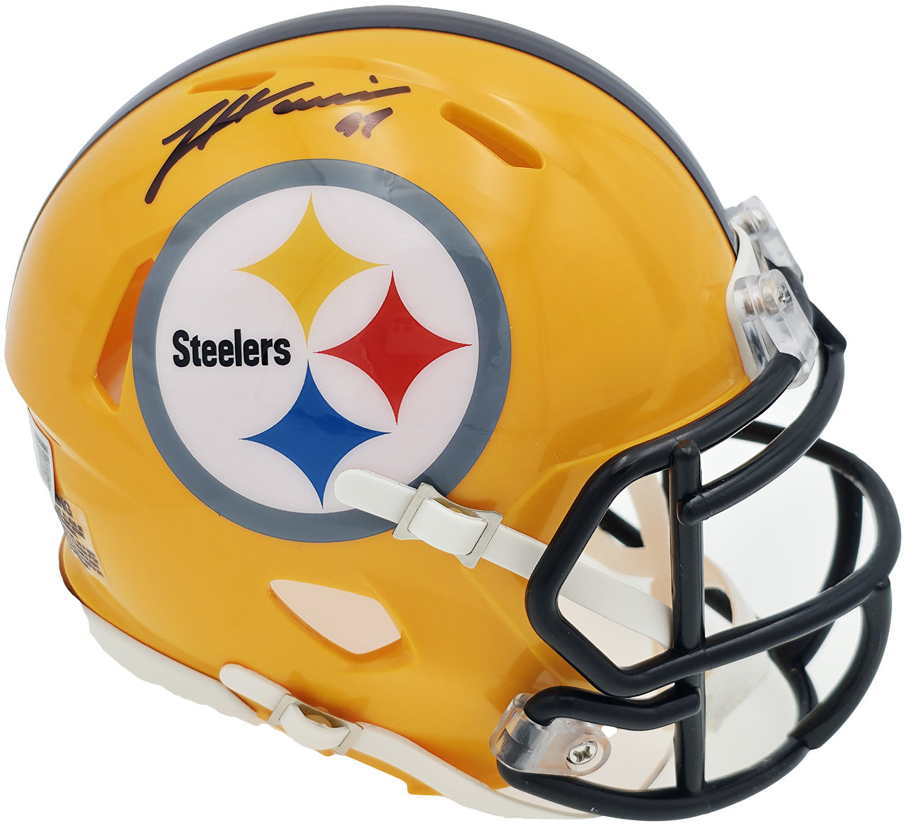 James Harrison Autographed Pittsburgh Steelers Throwback Gold Speed Mini Helmet Beckett BAS Witness Stock #241384