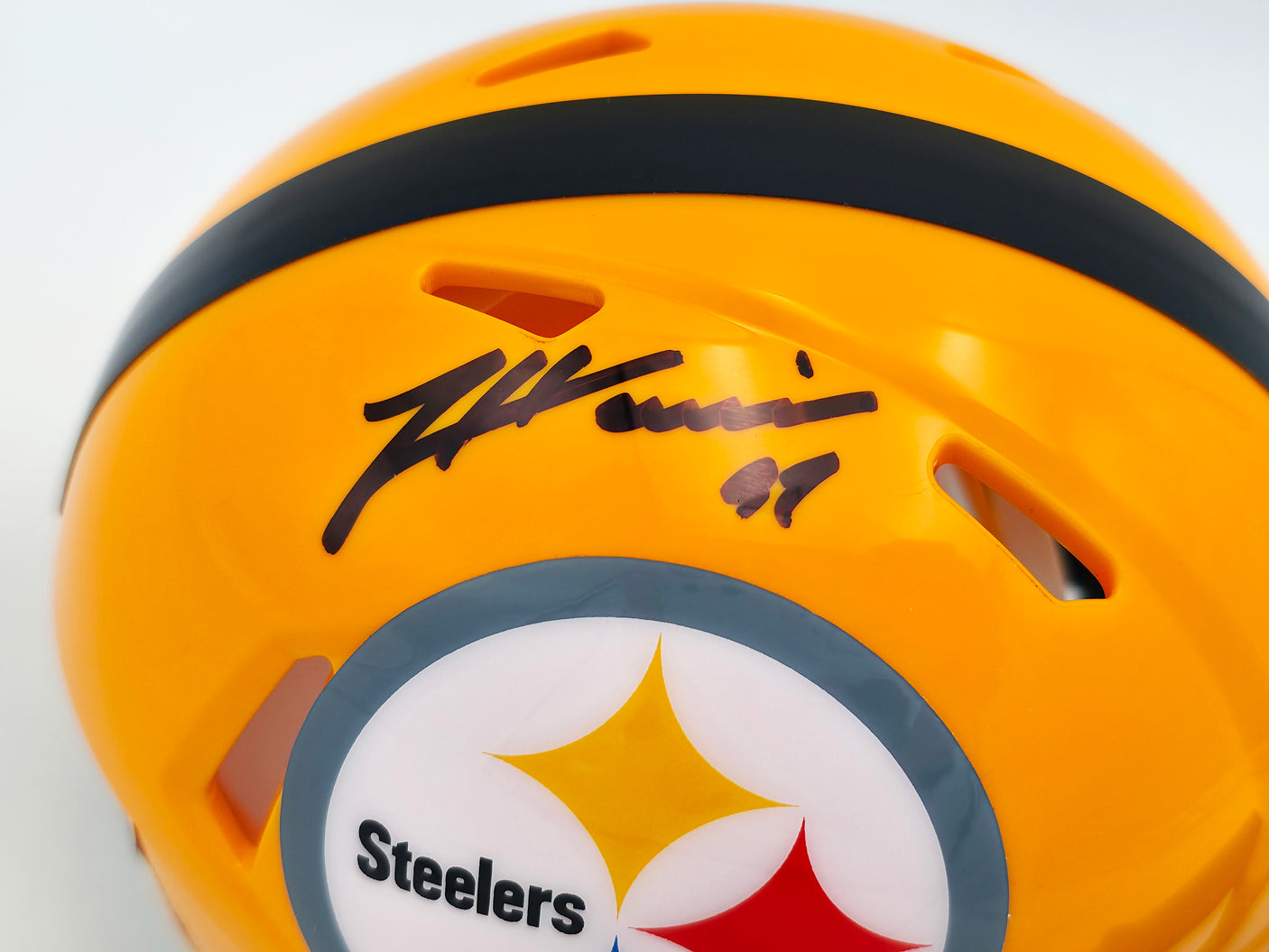 James Harrison Autographed Pittsburgh Steelers Throwback Gold Speed Mini Helmet Beckett BAS Witness Stock #241384