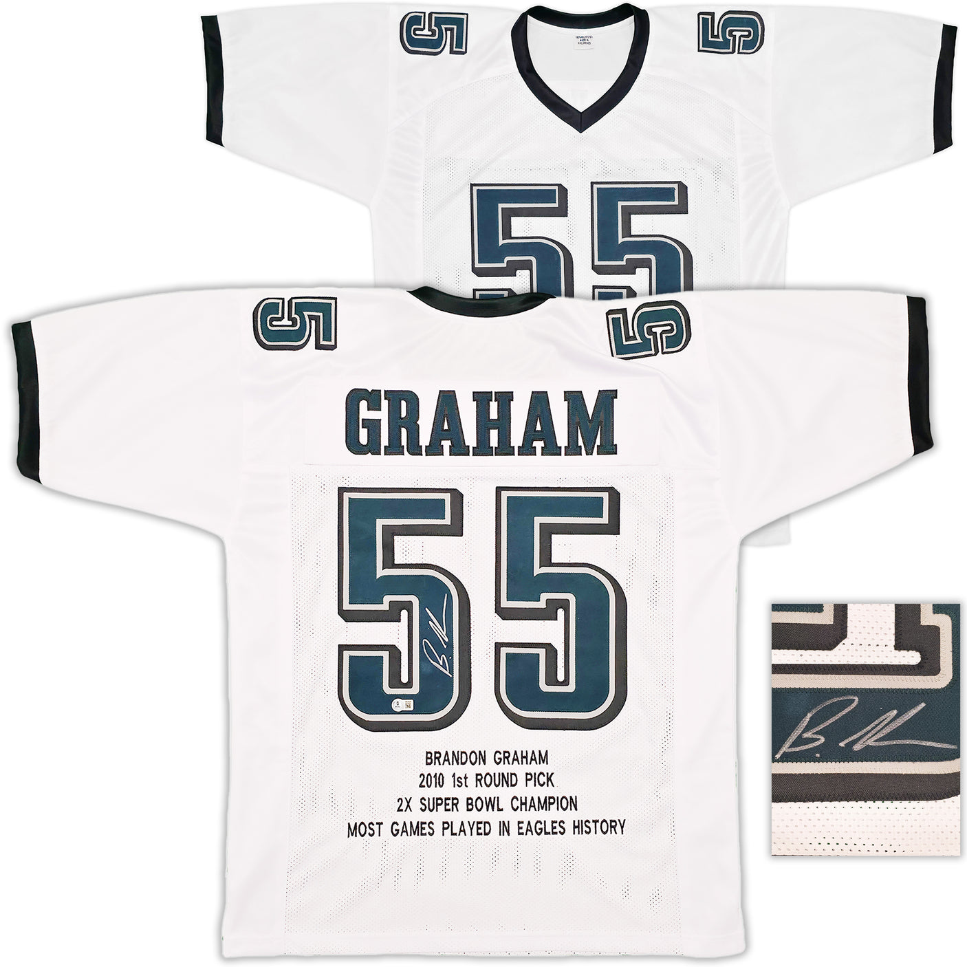 Philadelphia Eagles Brandon Graham Autographed White Super Bowl Stats Jersey Beckett BAS Witness Stock #239892