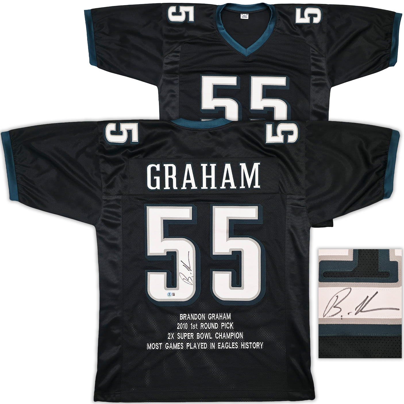 Philadelphia Eagles Brandon Graham Autographed Black Super Bowl Stats Jersey Beckett BAS Witness Stock #239891