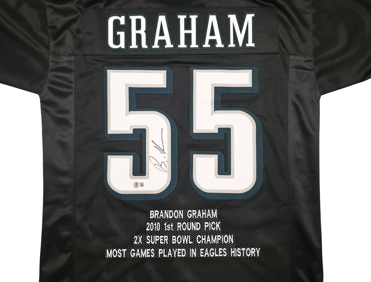 Philadelphia Eagles Brandon Graham Autographed Black Super Bowl Stats Jersey Beckett BAS Witness Stock #239891