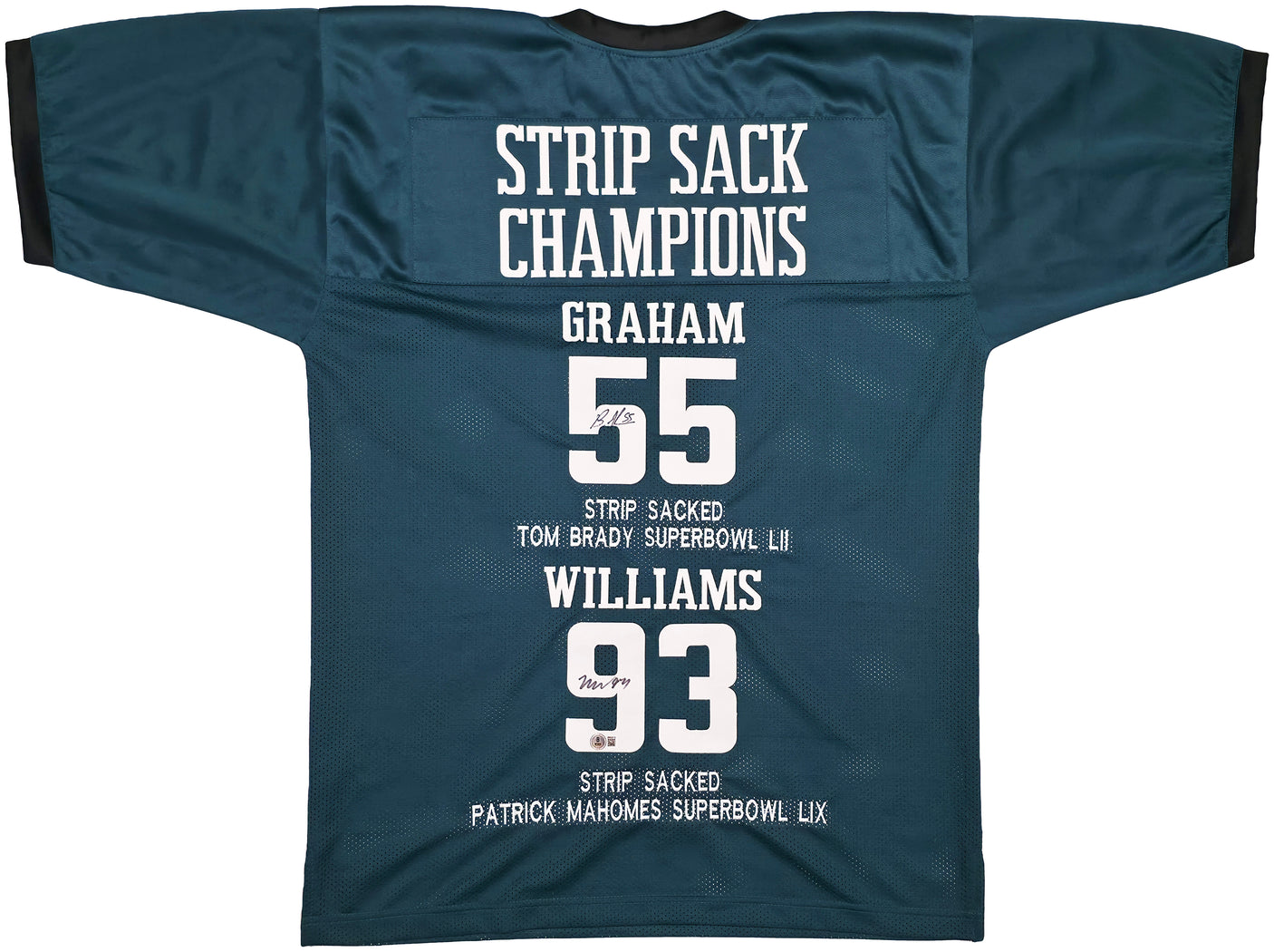 Philadelphia Eagles Brandon Graham & Milton Williams Autographed Green Super Bowl Stats Jersey Strip Sack Champions Beckett BAS Witness Stock #239890