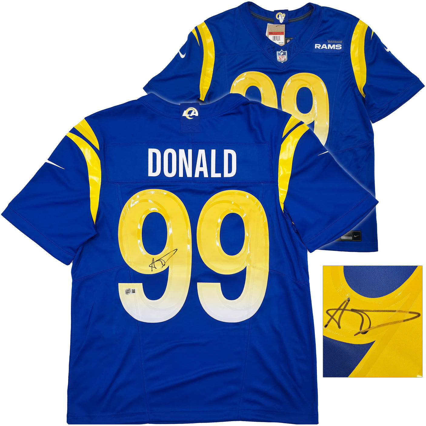 Los Angeles Rams Aaron Donald Autographed Blue Nike Dri Fit Jersey Size L Beckett BAS Witness Stock #241359