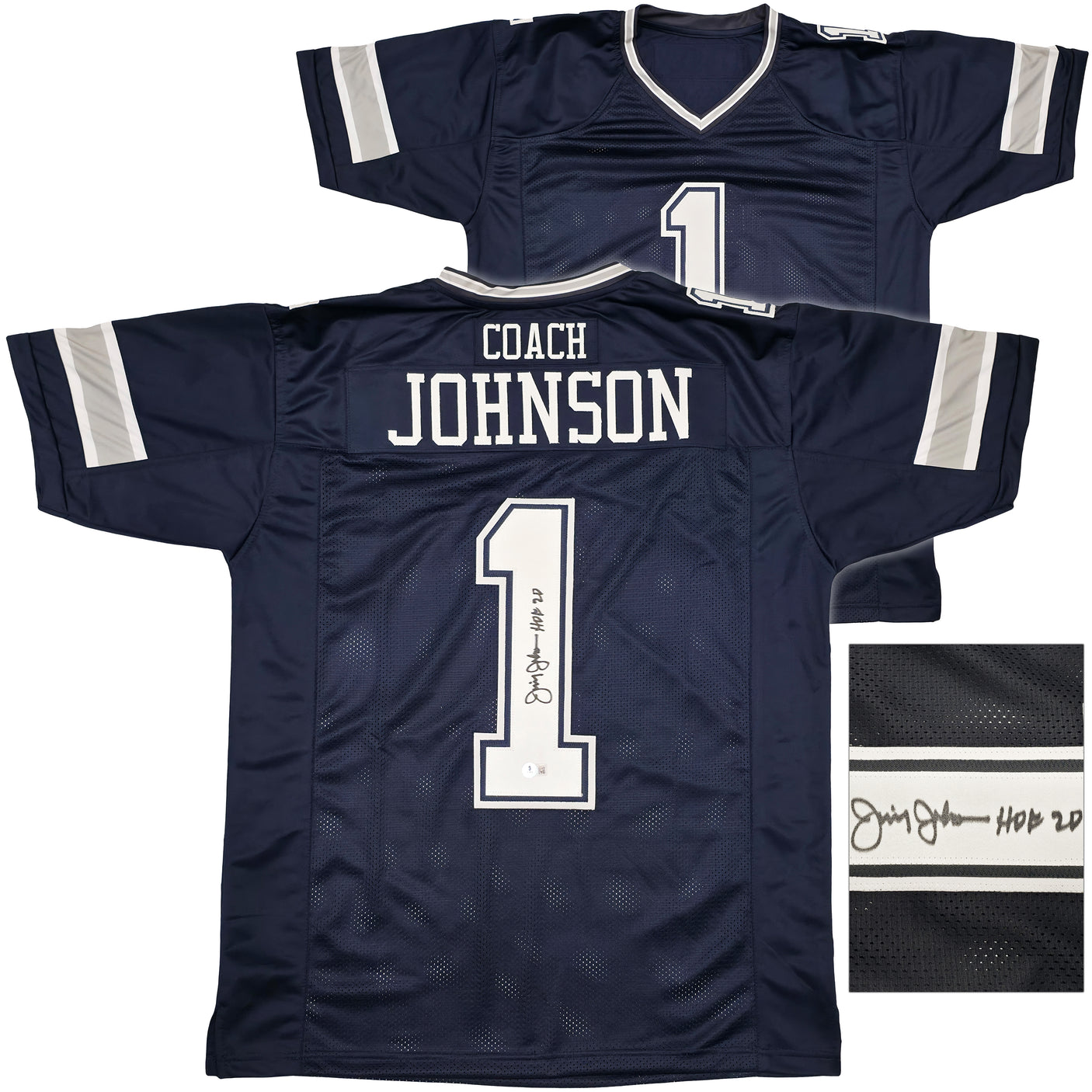 Dallas Cowboys Jimmy Johnson Autographed Blue Jersey "HOF 20" Beckett BAS Witness Stock #239849