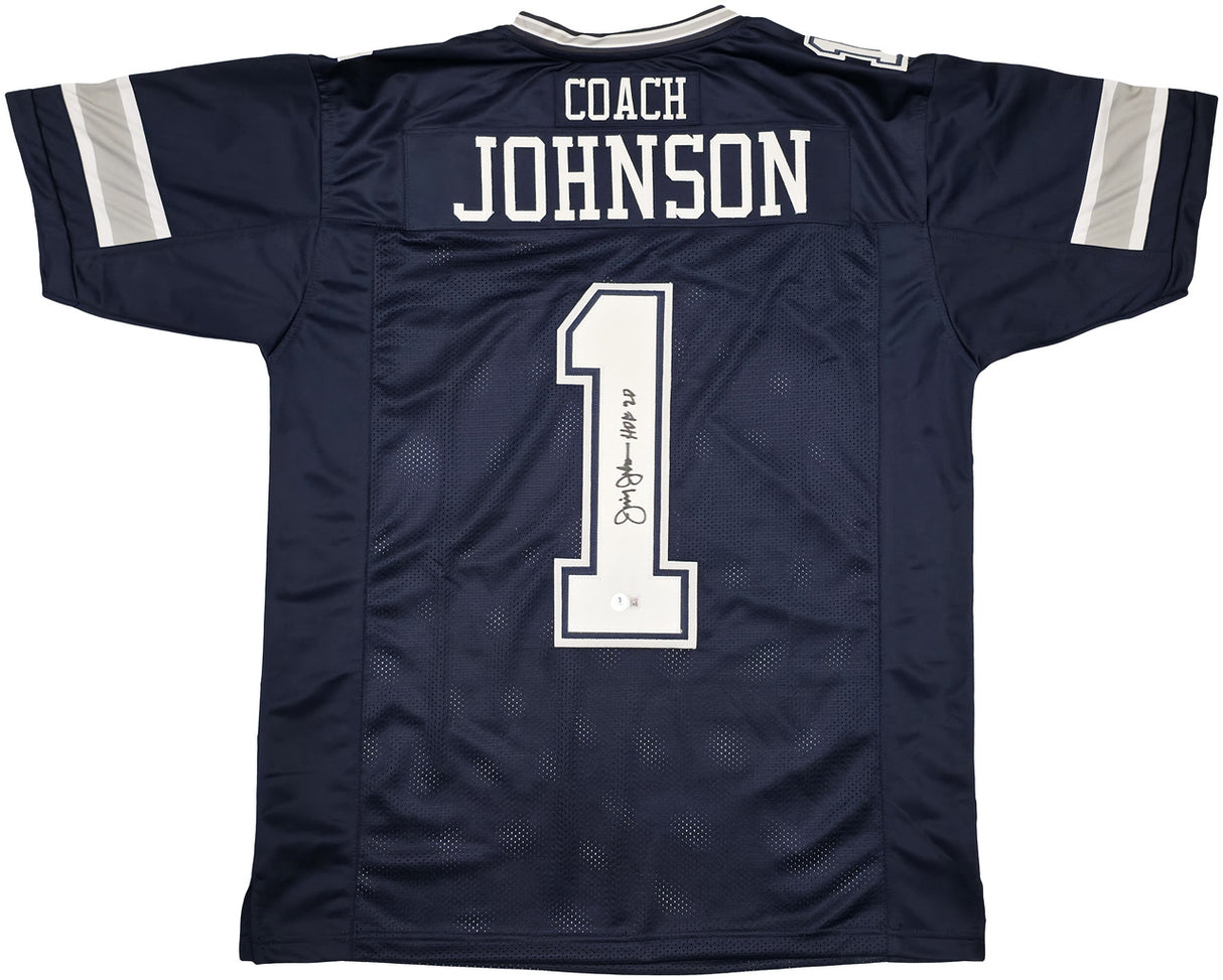 Dallas Cowboys Jimmy Johnson Autographed Blue Jersey "HOF 20" Beckett BAS Witness Stock #239849