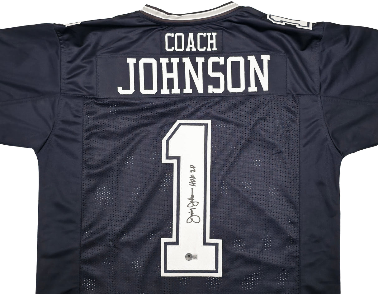 Dallas Cowboys Jimmy Johnson Autographed Blue Jersey "HOF 20" Beckett BAS Witness Stock #239849