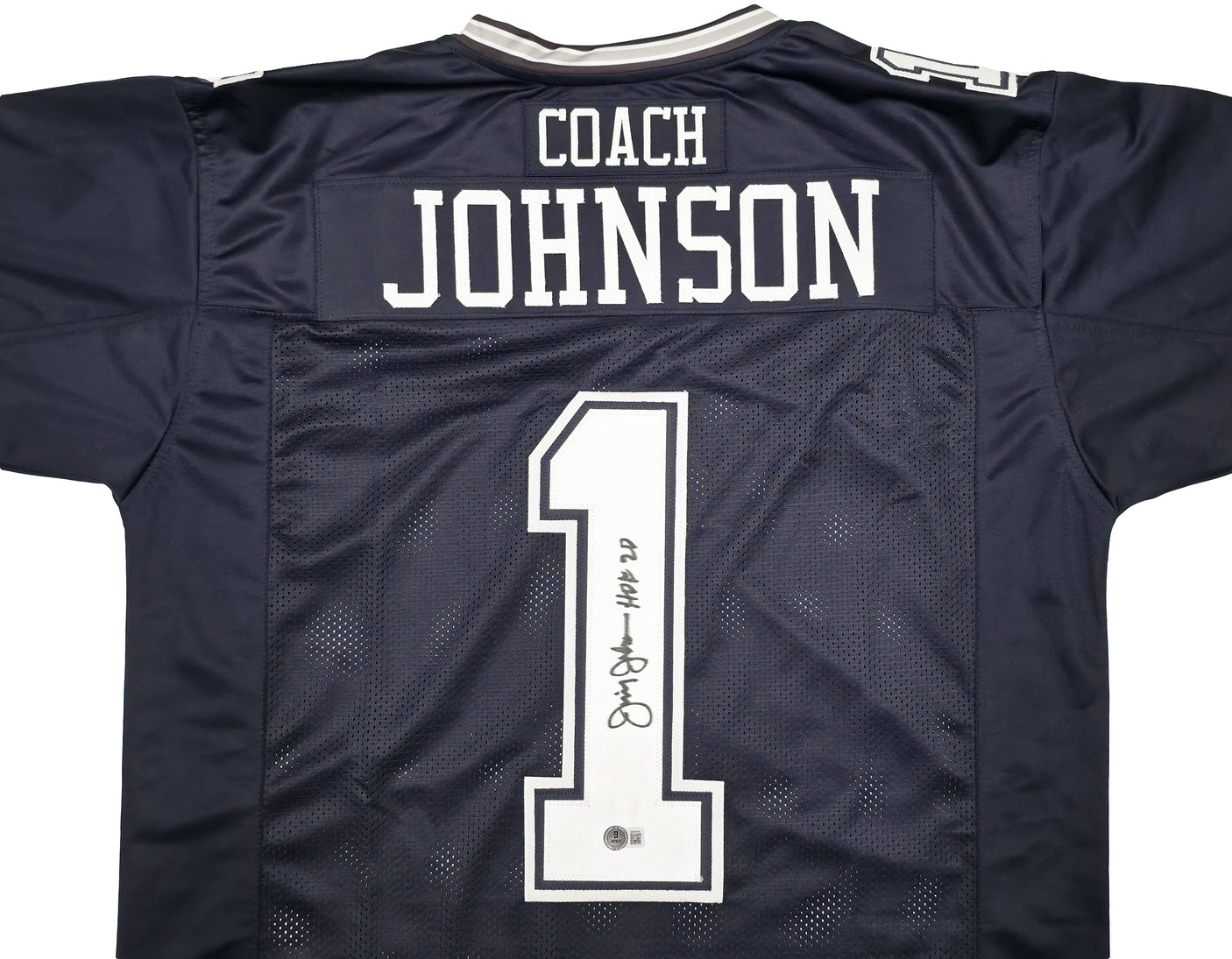 Dallas Cowboys Jimmy Johnson Autographed Blue Jersey "HOF 20" Beckett BAS Witness Stock #239849