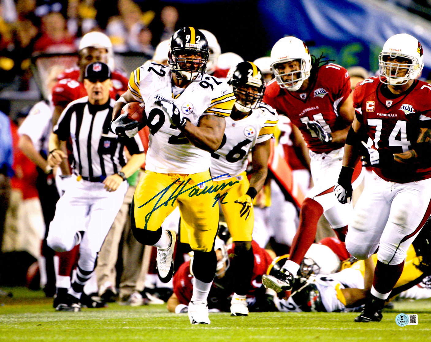 James Harrison Autographed 16x20 Photo Pittsburgh Steelers Super Bowl XLIII Interception Return Touchdown Beckett BAS Witness Stock #241381