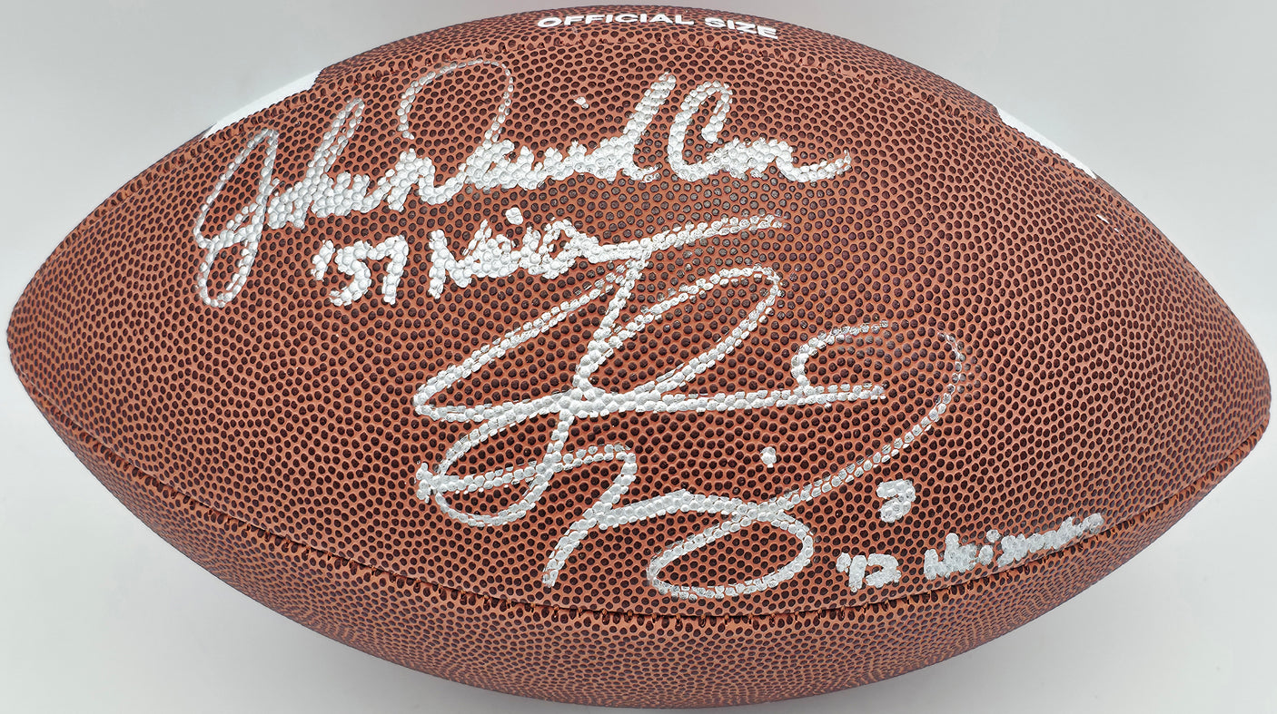 John David Crow & Johnny Manziel Autographed Official NCAA Wilson Leather Football Texas A&M Aggies "Heisman" Beckett BAS QR #BR84860