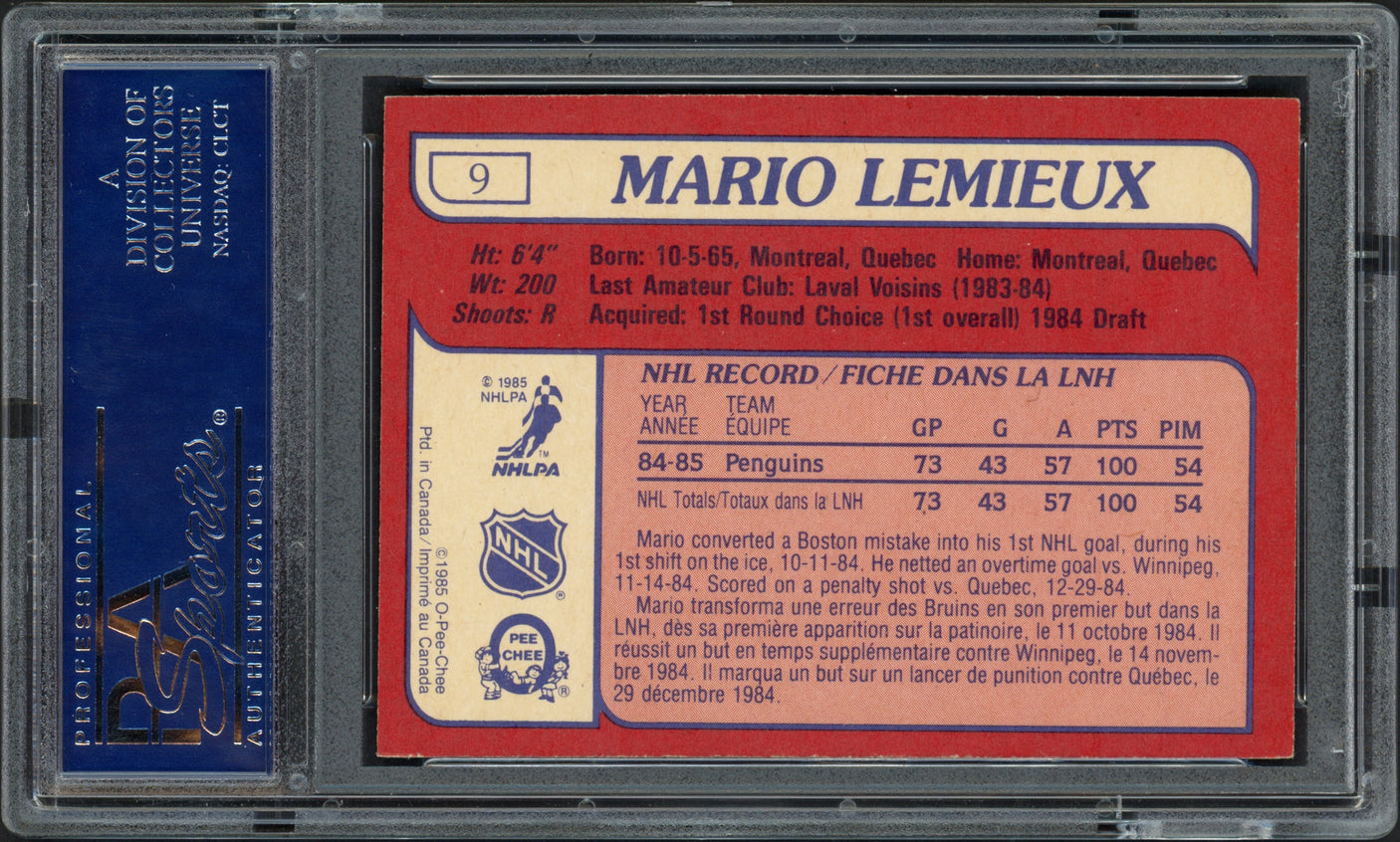 Mario Lemieux Autographed 1985 O-Pee-Chee Rookie Card #9 Pittsburgh Penguins PSA/DNA #16865698