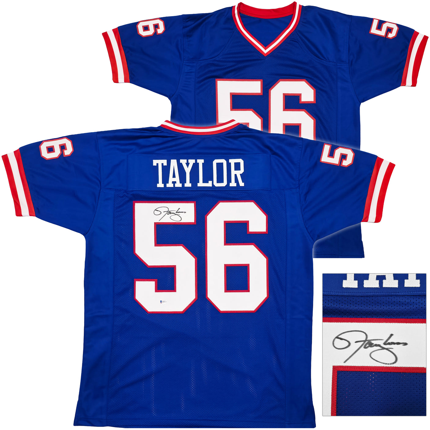 New York Giants Lawrence Taylor Autographed Blue Jersey Beckett BAS Witness Stock #241448