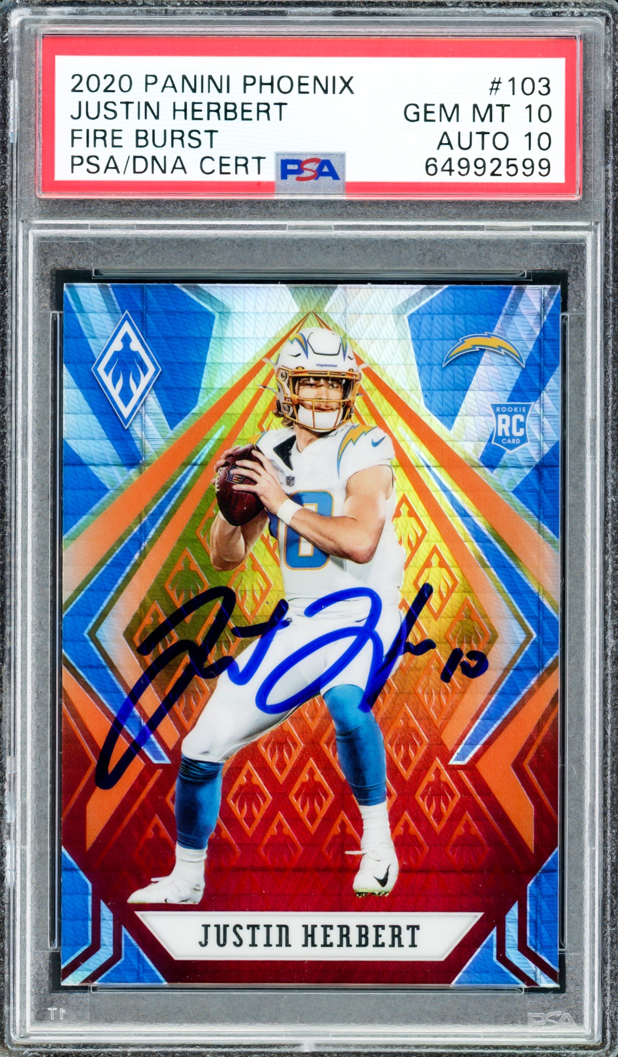 Justin Herbert Autographed 2020 Panini Phoenix Fire Burst Rookie Card #103 Los Angeles Chargers PSA 10 Auto Grade Gem Mint 10 PSA/DNA #64992599